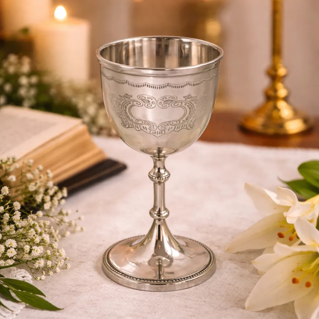Silver plated chalice goblet in a religious setting with intricate design on a table with flowers and candles