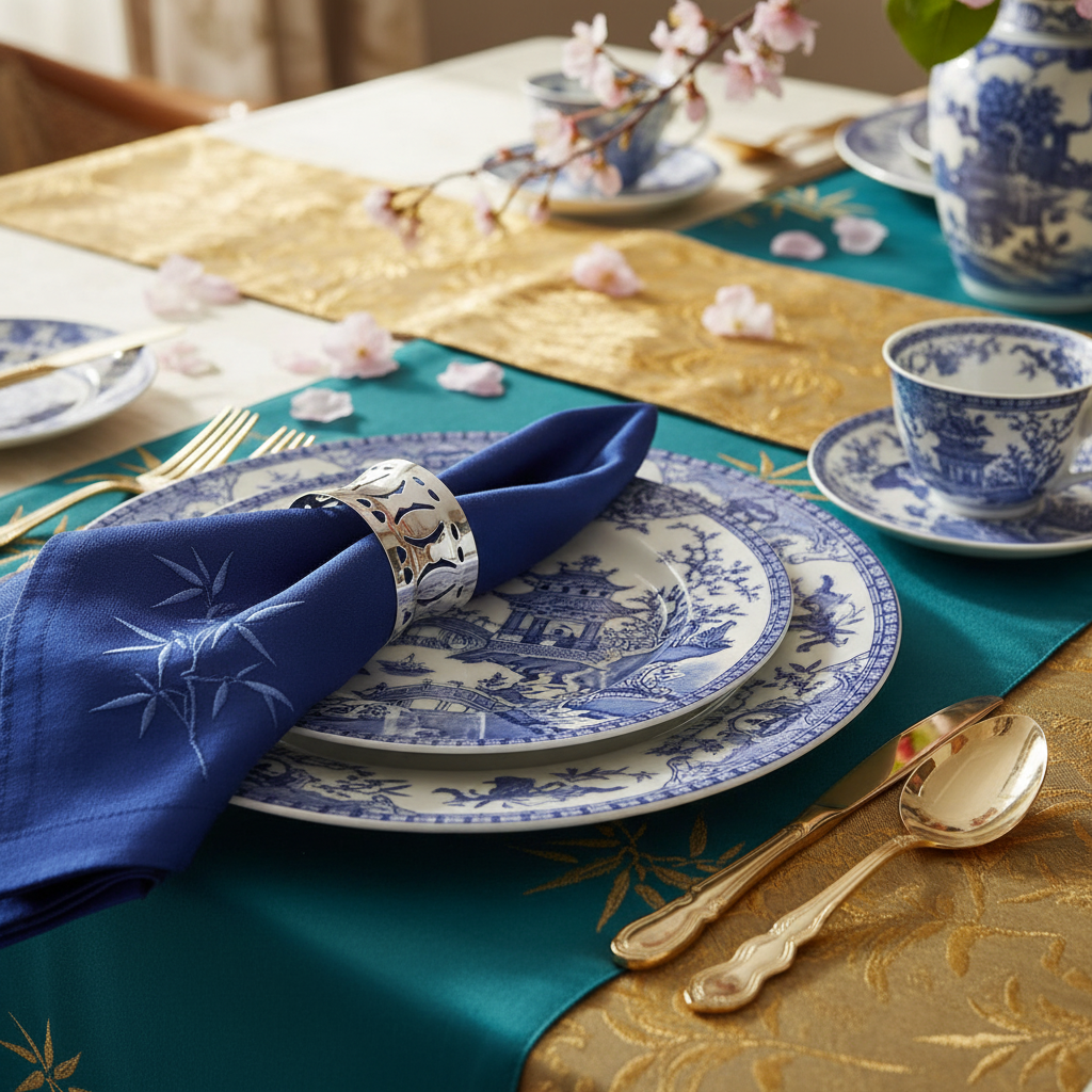 Elegant table setting with blue napkin in a silver plated cameo napkin ring on Chinoiserie dinnerware, gold table runner, and cherry blossoms.