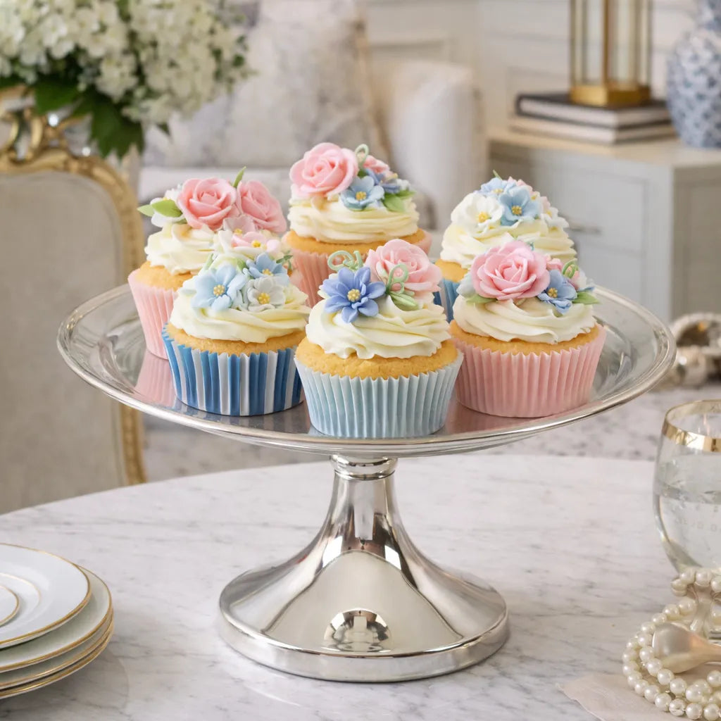 Decorative cupcakes with flowers on a Corbell silver plated cake stand on a marble table.