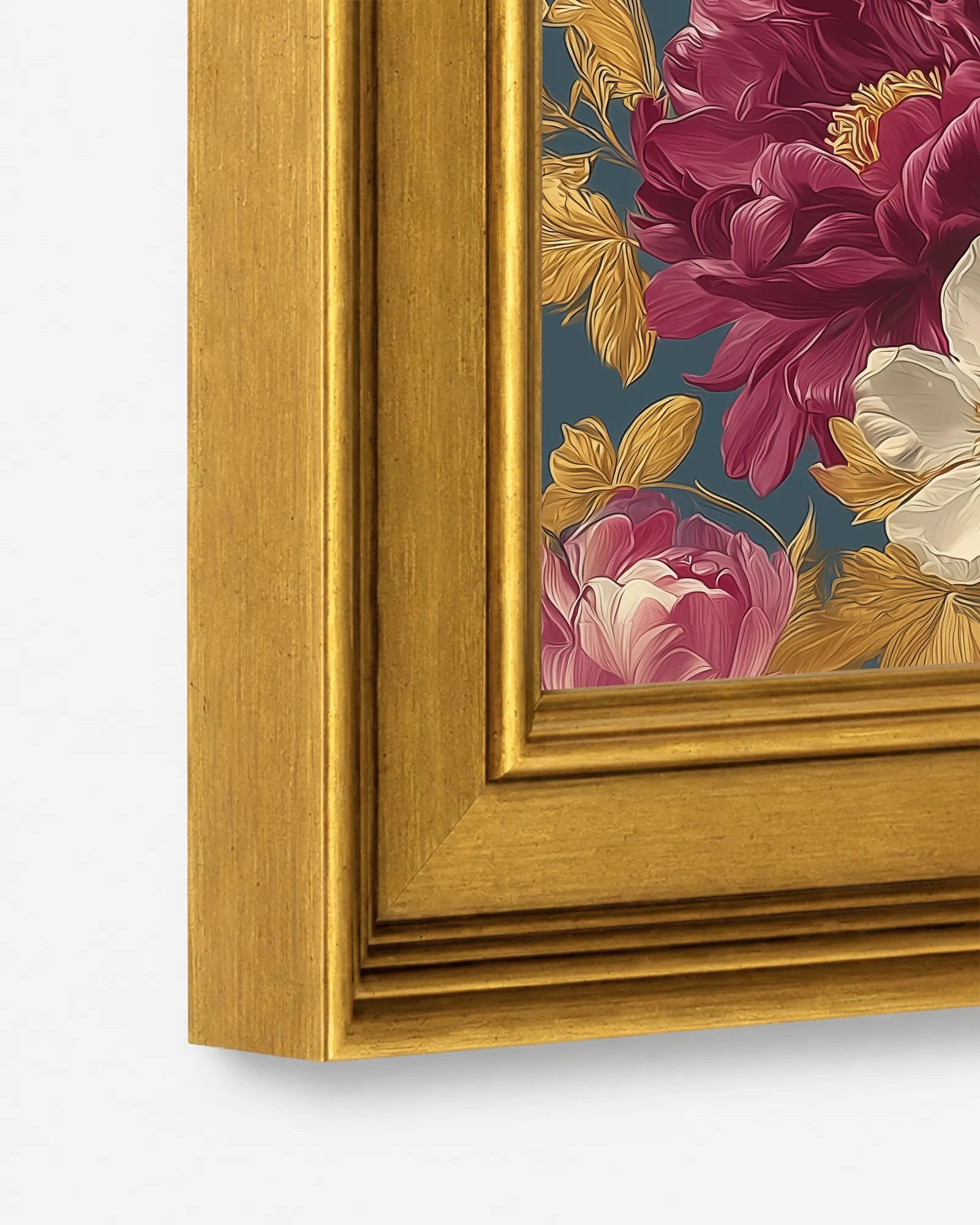 Close-up detail of the burnished antique gold wood frame used for Cow in Jewel Peonies framed farmhouse wall art, showing the profile, finish, and craftsmanship.