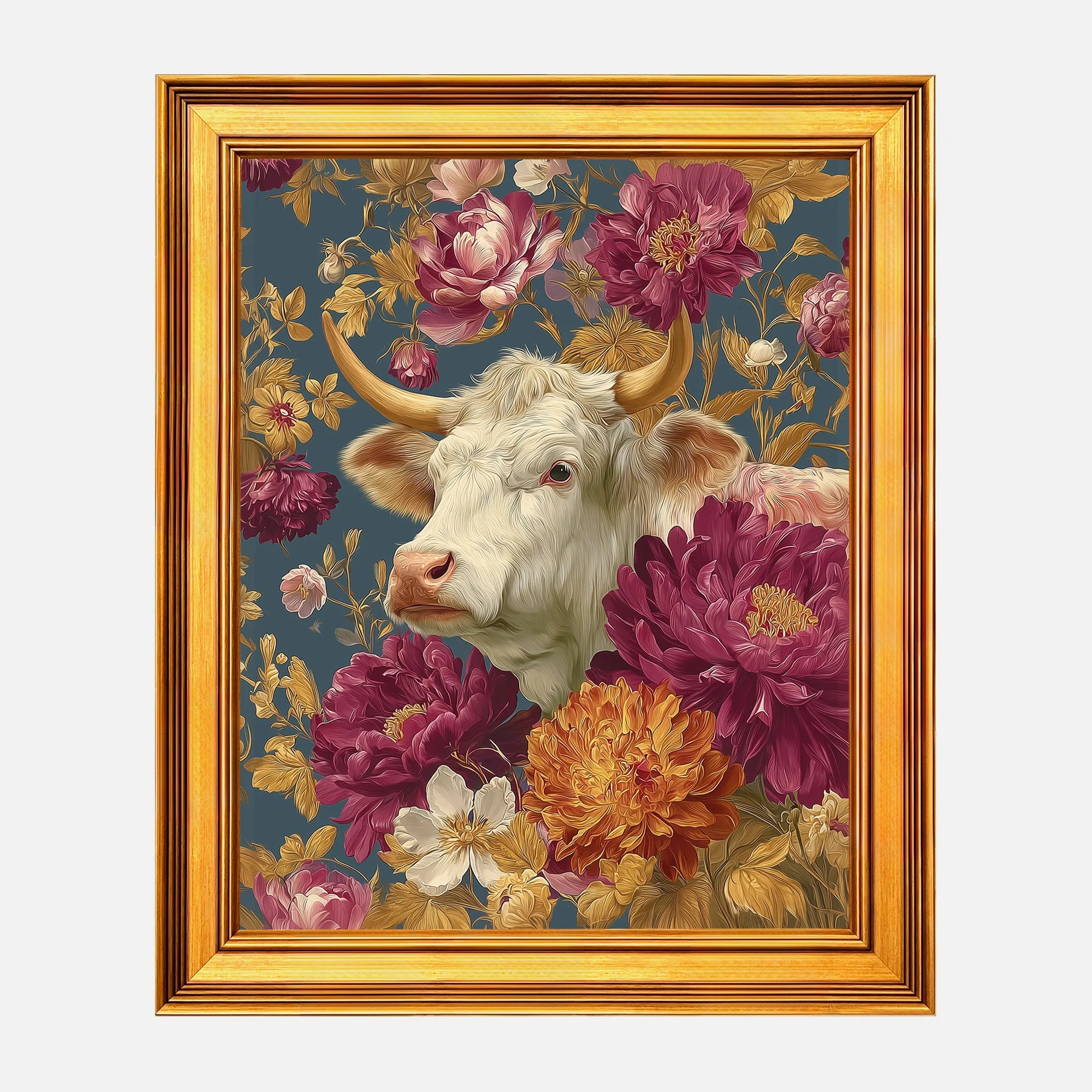 Cow in Jewel Peonies framed floral cow wall art in a burnished antique gold frame, 16 x 20 inch print size with 19.5 x 23.5 inch framed dimensions.