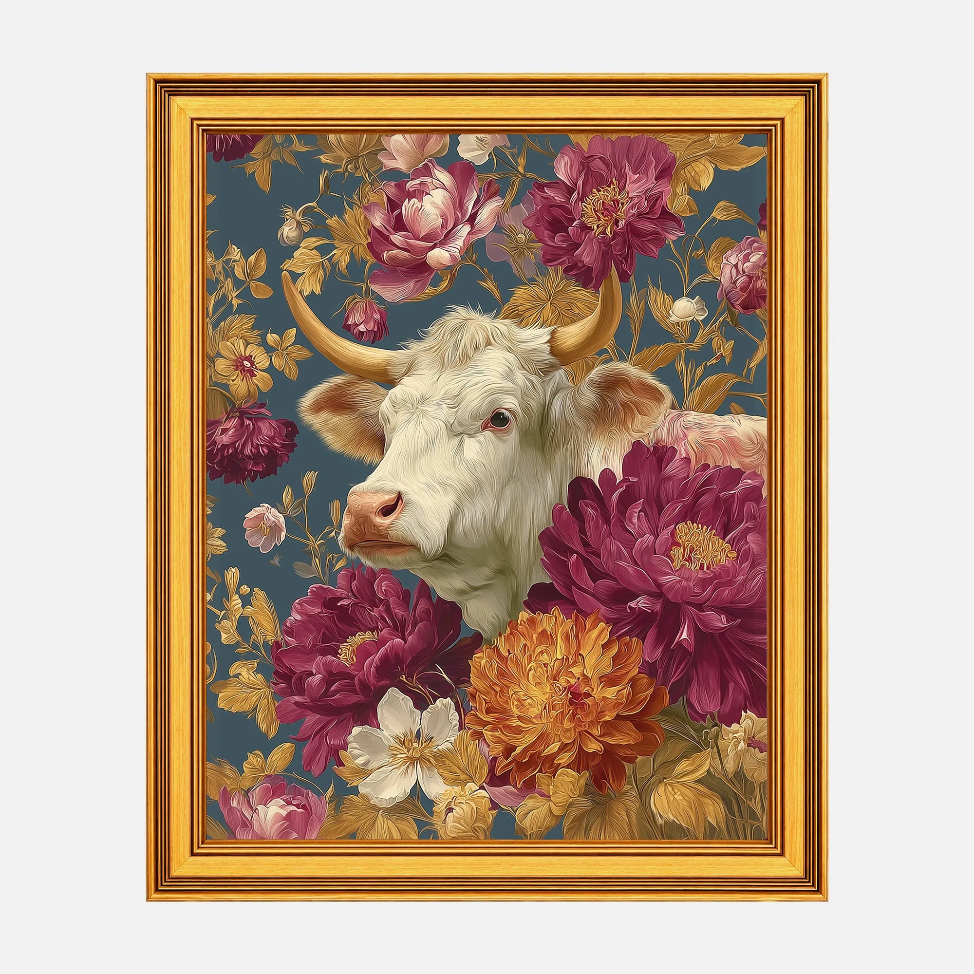 Cow in Jewel Peonies framed fine art print in a burnished antique gold frame, 20 x 25 inch print size with 23.5 x 28.5 inch framed dimensions.