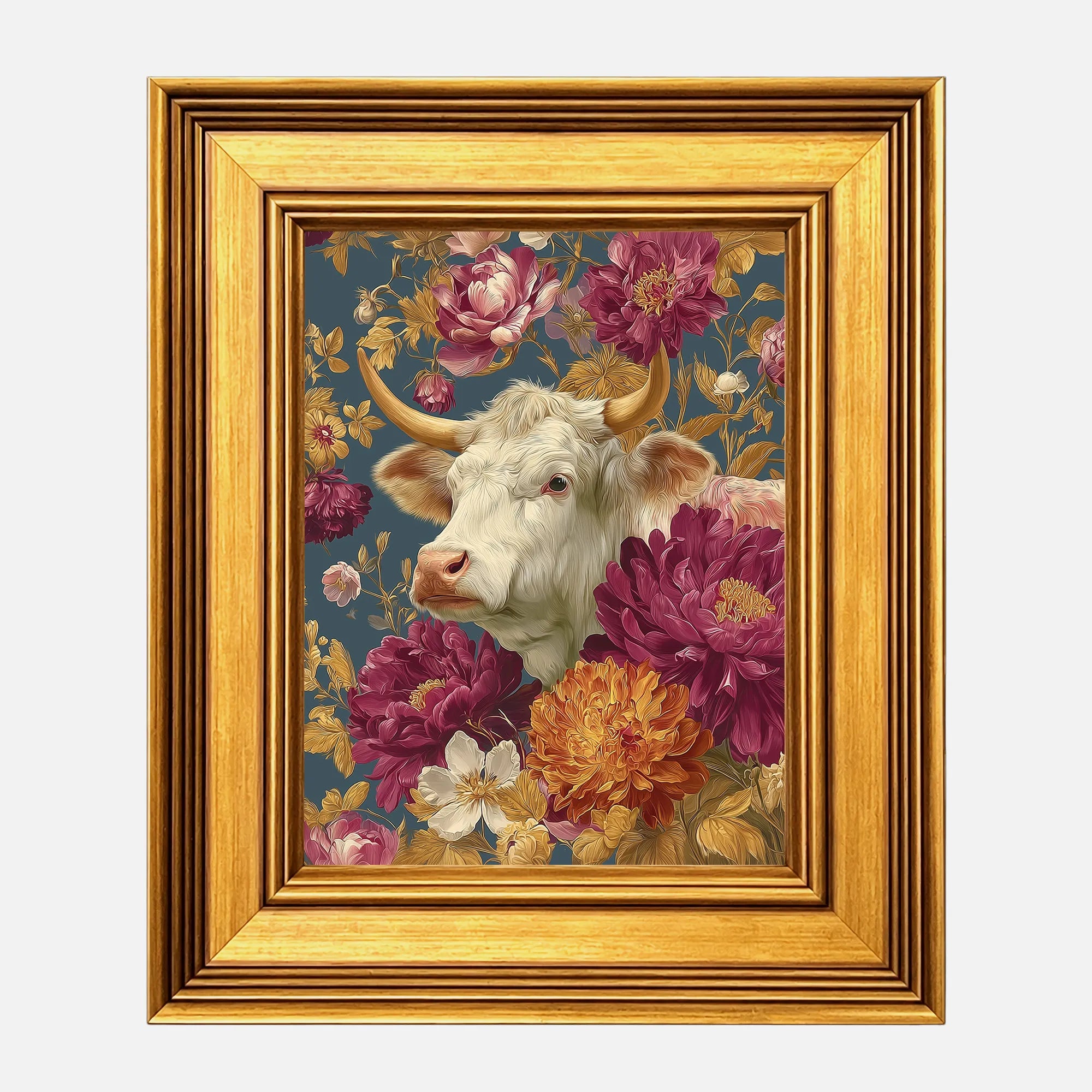 Cow in Jewel Peonies framed floral cow wall art in a burnished antique gold frame, 8 x 10 inch print size with 11.5 x 13.5 inch framed dimensions.