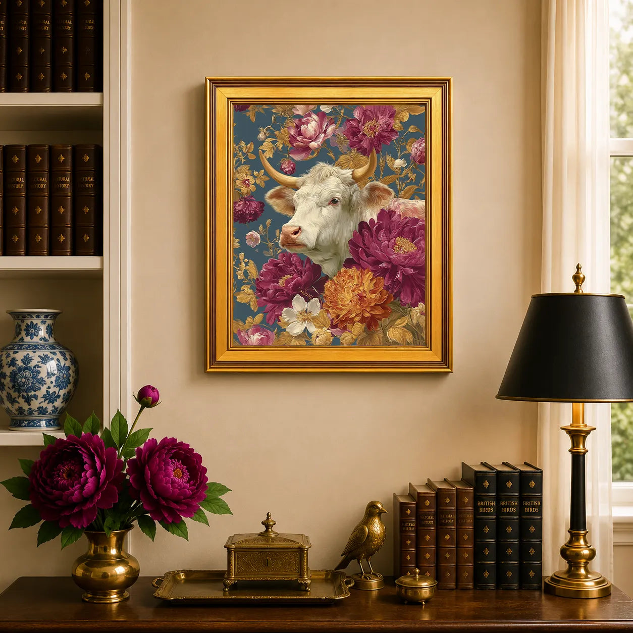 Cow in Jewel Peonies framed farmhouse wall art displayed above a traditional desk with peonies, books, brass decor, and a burnished antique gold frame.