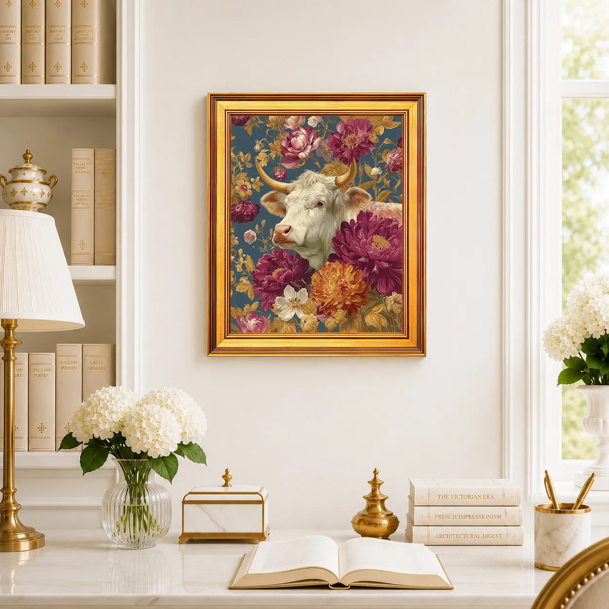 Cow in Jewel Peonies framed farmhouse wall art displayed above a traditional desk with peonies, books, brass decor, and a burnished antique gold frame.