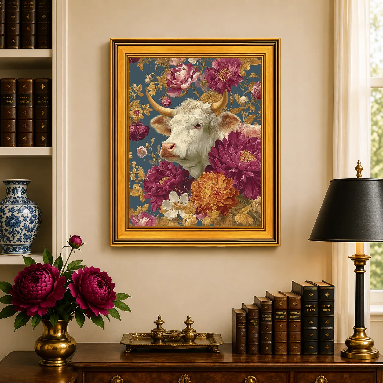 Large Cow in Jewel Peonies framed farmhouse wall art displayed in a traditional study with peonies, antique books, brass accents, and a burnished antique gold frame.