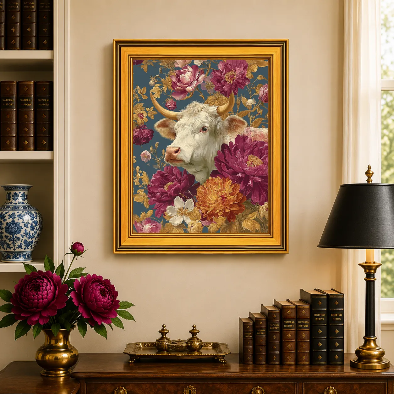 Large Cow in Jewel Peonies framed farmhouse wall art displayed in a traditional study with peonies, antique books, brass accents, and a burnished antique gold frame.