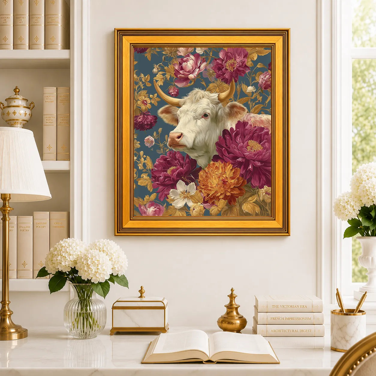 Large Cow in Jewel Peonies framed farmhouse wall art displayed in a traditional study with peonies, antique books, brass accents, and a burnished antique gold frame.