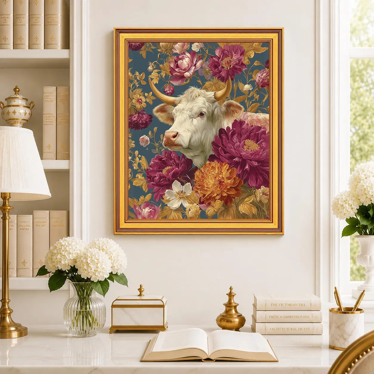 Large Cow in Jewel Peonies framed farmhouse wall art displayed in a traditional study with peonies, antique books, brass accents, and a burnished antique gold frame.