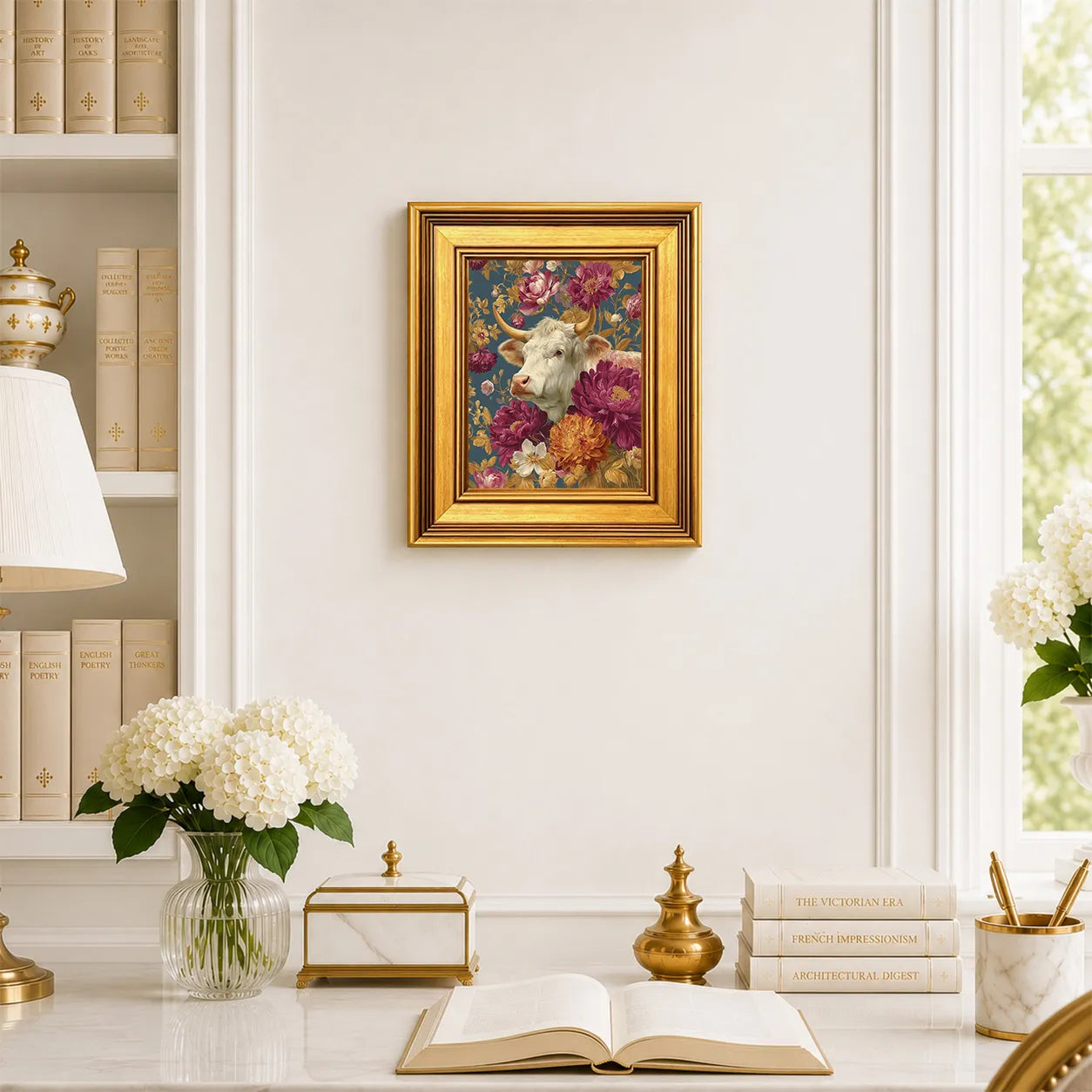 Small Cow in Jewel Peonies framed farmhouse wall art displayed in an elegant traditional study with antique books, peonies, brass accents, and a burnished antique gold frame.