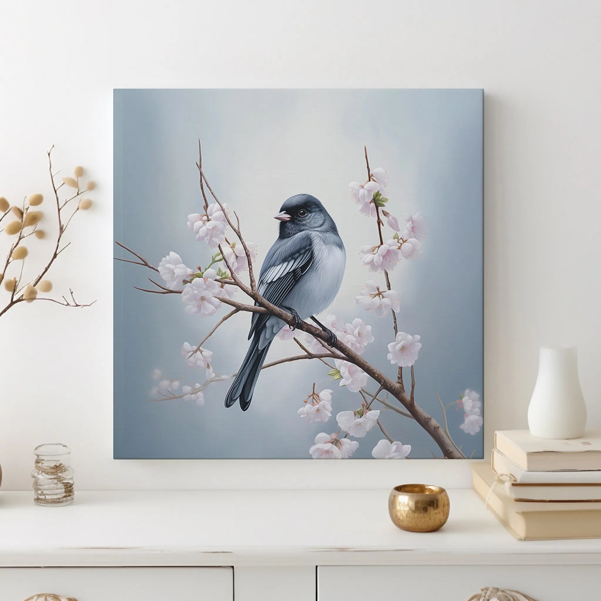 Canvas print of a bird on a branch with flowers against a light blue background, displayed on a wall.