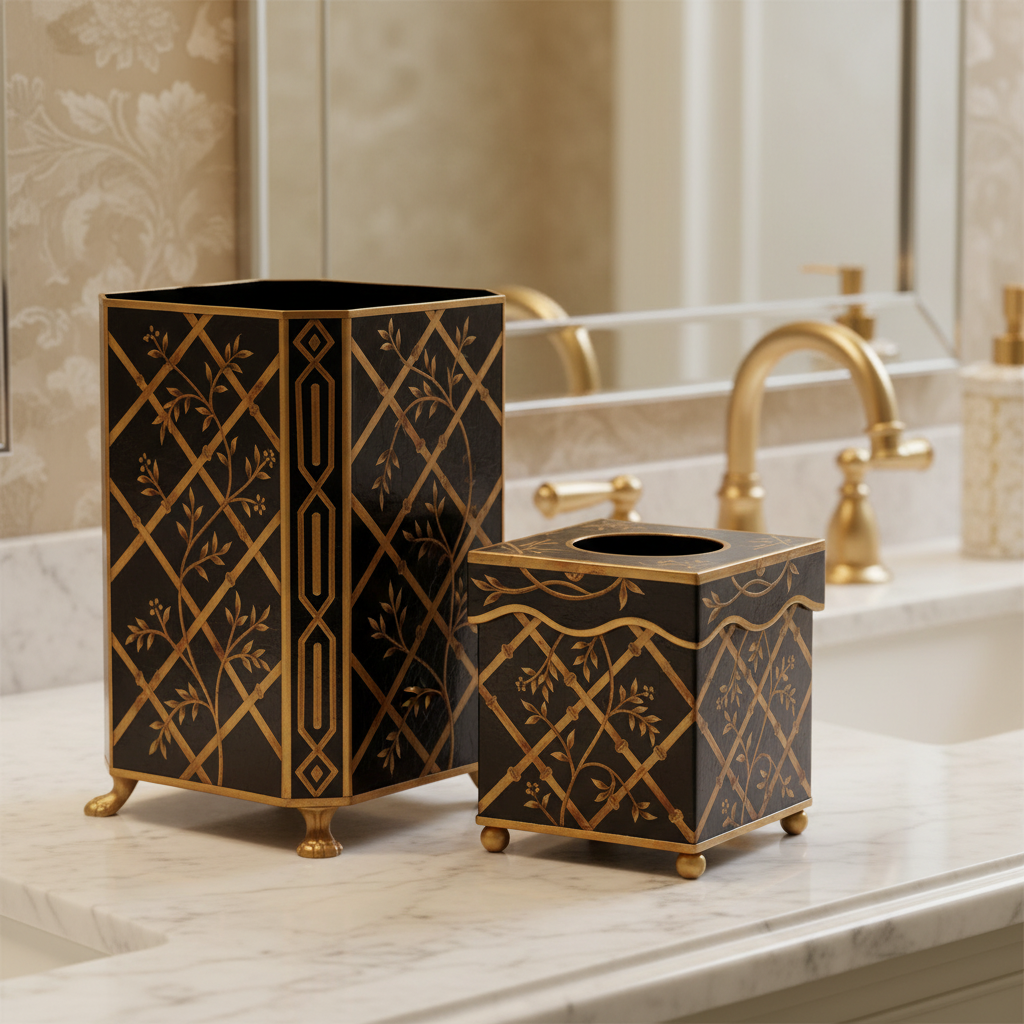 Decorative black and gold trash can and tissue holder on a bathroom counter.