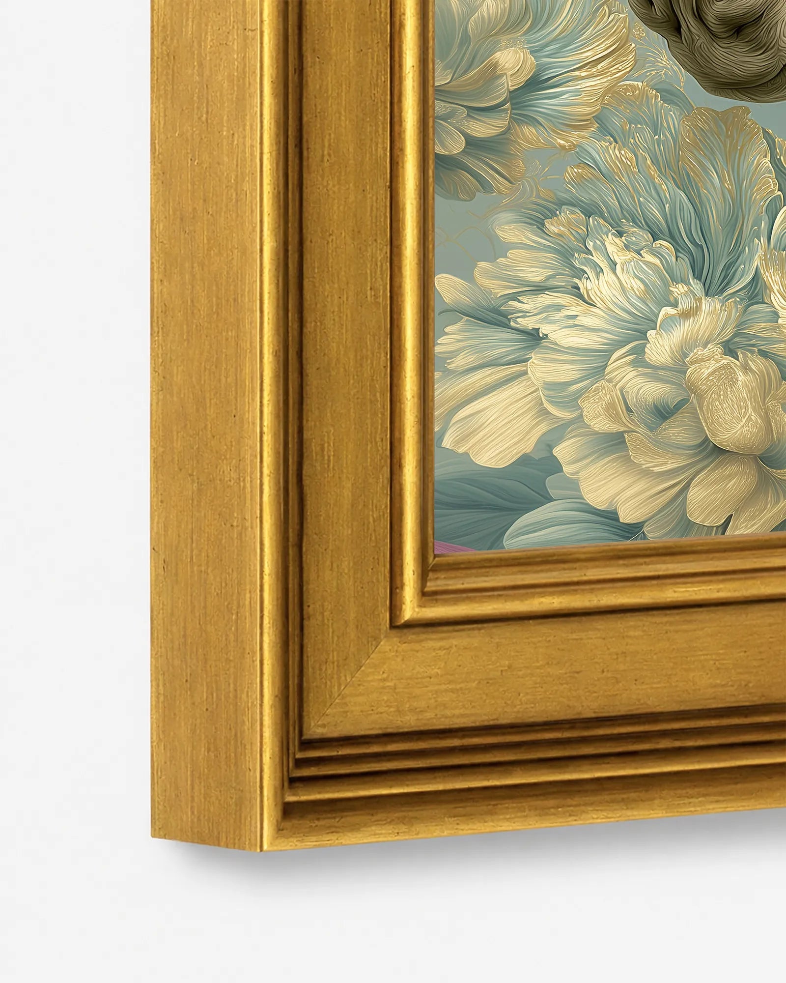 Close-up detail of the burnished antique gold wood frame used for Donkey in Aqua Peonies framed wall art, showing the profile, finish, and craftsmanship.