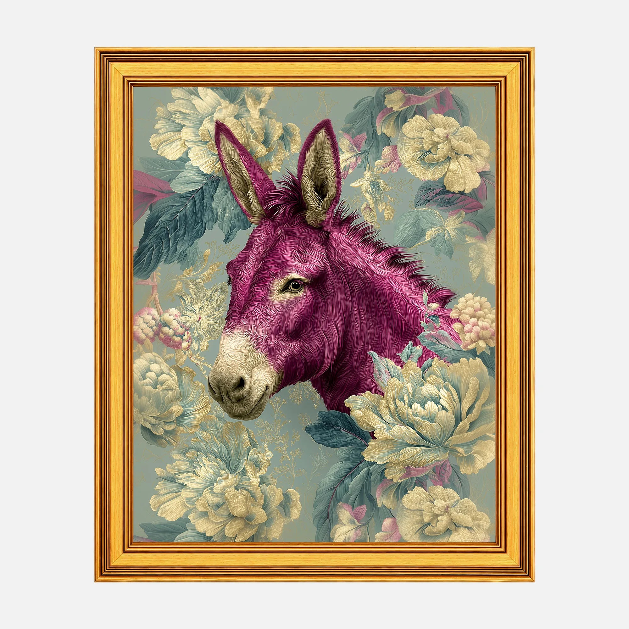 Donkey in Aqua Peonies framed fine art print in a burnished antique gold frame, 20 x 25 inch print size with 23.5 x 28.5 inch framed dimensions.