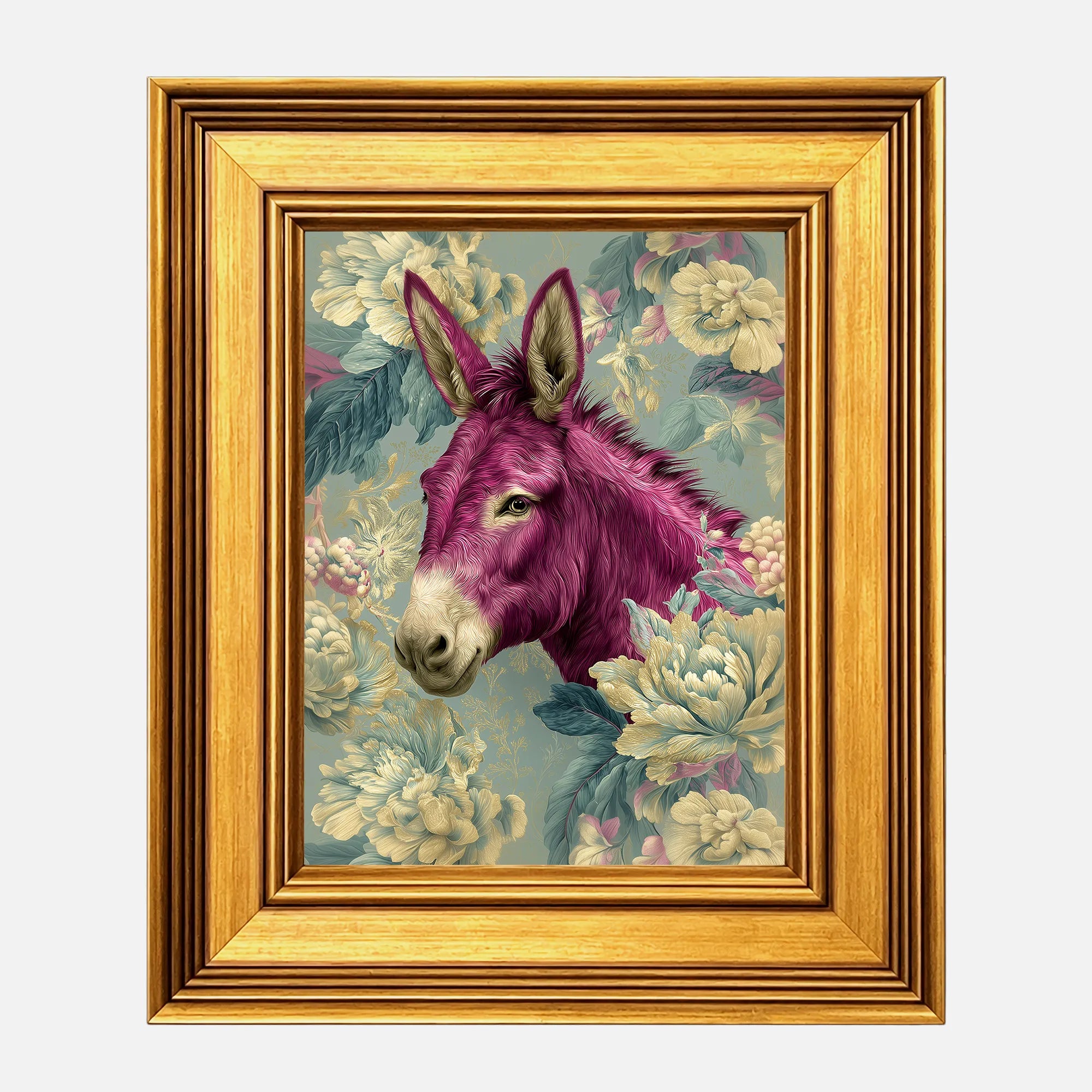 Donkey in Aqua Peonies framed wall art in a burnished antique gold frame, 8 x 10 inch print size with 11.5 x 13.5 inch framed dimensions.