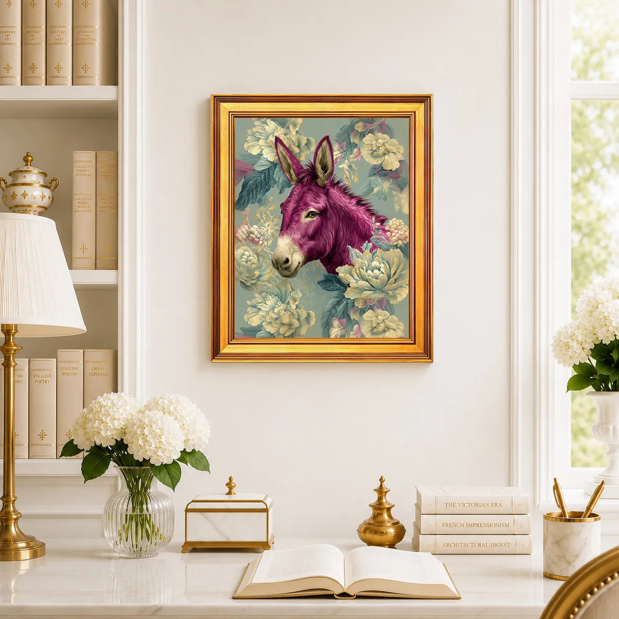 Donkey in Aqua Peonies framed wall art displayed above a traditional desk with peonies, books, brass decor, and a burnished antique gold frame.