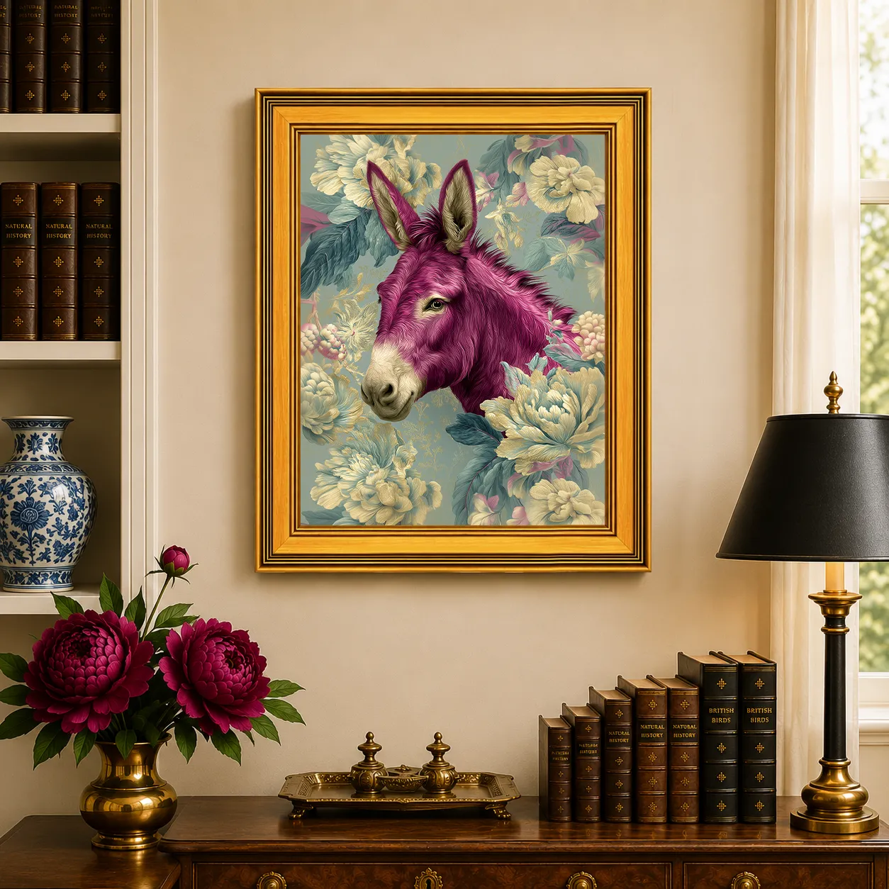 Large Donkey in Aqua Peonies framed wall art displayed in a traditional study with peonies, antique books, brass accents, and a burnished antique gold frame.