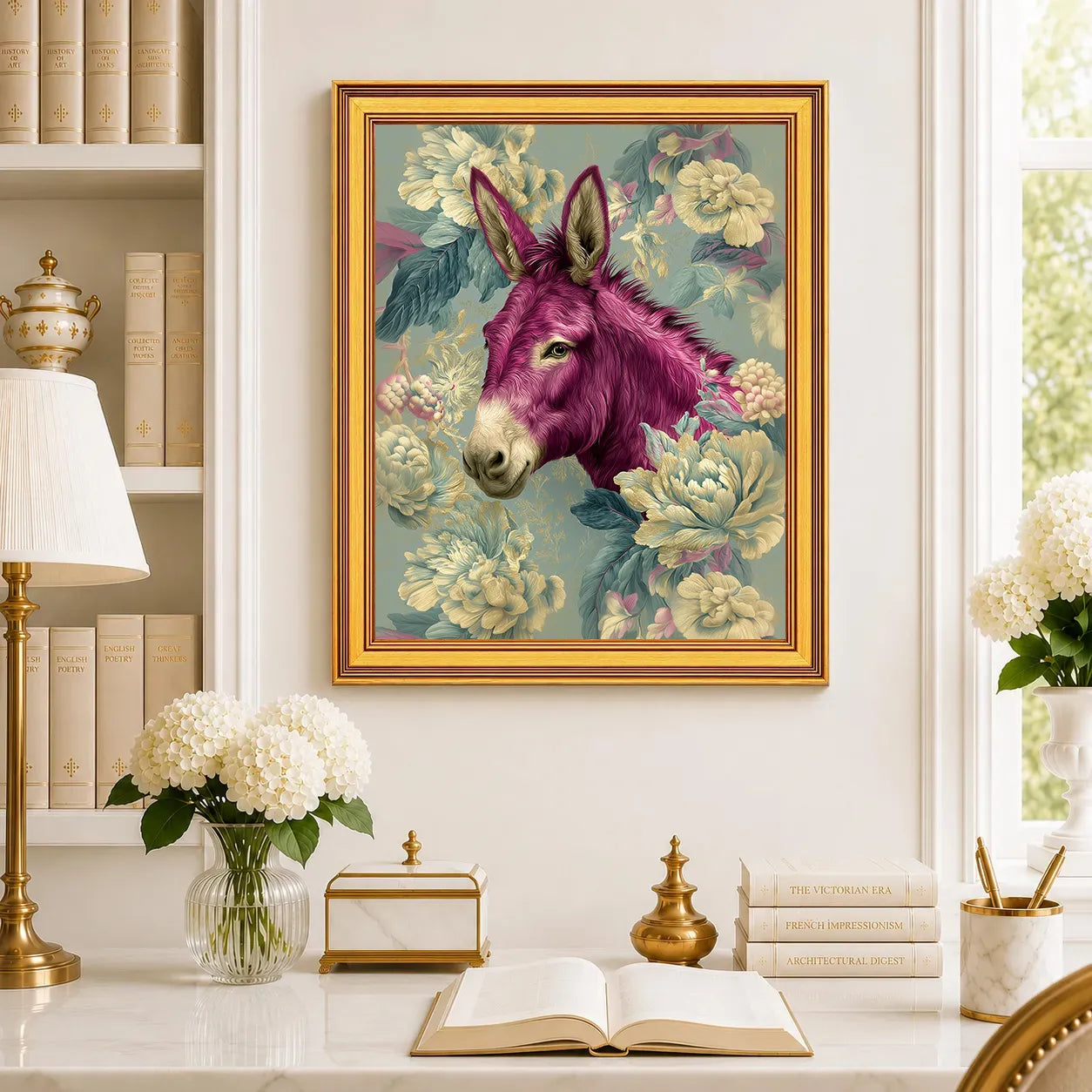 Large Donkey in Aqua Peonies framed wall art displayed in a traditional study with peonies, antique books, brass accents, and a burnished antique gold frame.