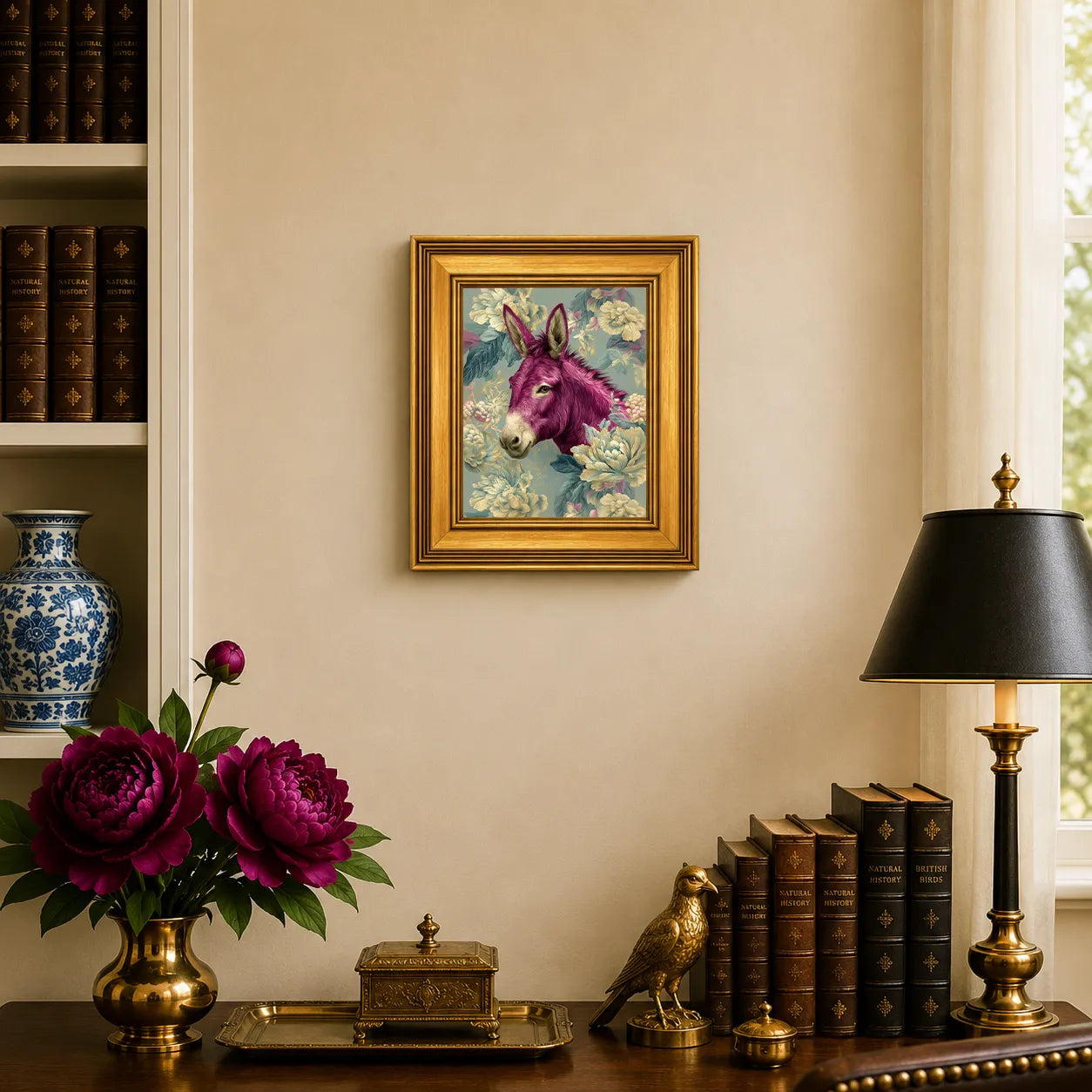 Small Donkey in Aqua Peonies framed wall art displayed in an elegant traditional study with antique books, peonies, brass accents, and a burnished antique gold frame.