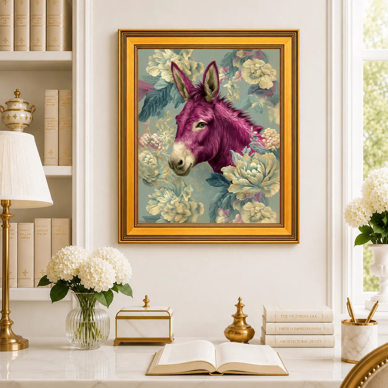 Small Donkey in Aqua Peonies framed wall art displayed in an elegant traditional study with antique books, peonies, brass accents, and a burnished antique gold frame.