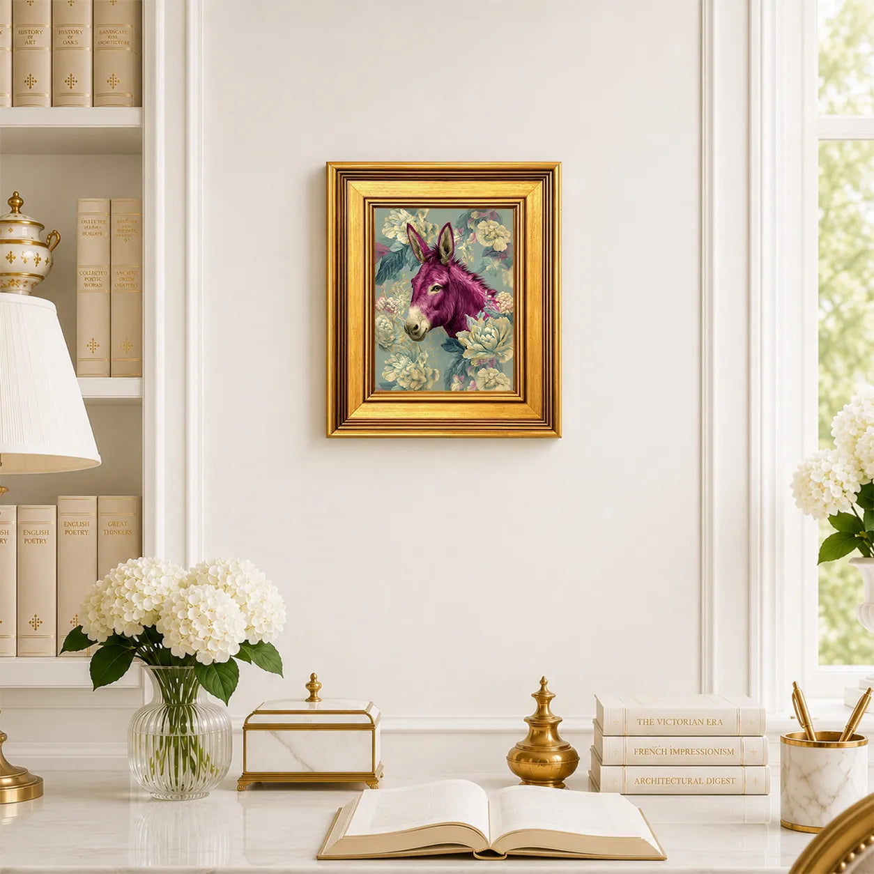 Small Donkey in Aqua Peonies framed wall art displayed in an elegant traditional study with antique books, peonies, brass accents, and a burnished antique gold frame.