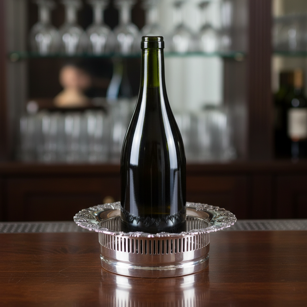 English silver plate wine coaster holding a wine bottle on a dark wood bar with blurred glassware in the background