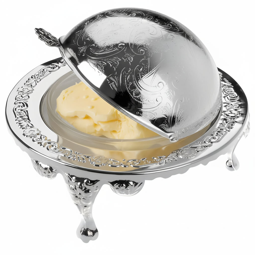 English silver plate revolving butter dish with domed lid and glass insert, elevated on legs for hotel style breakfast and tabletop service, containing butter, on a white background