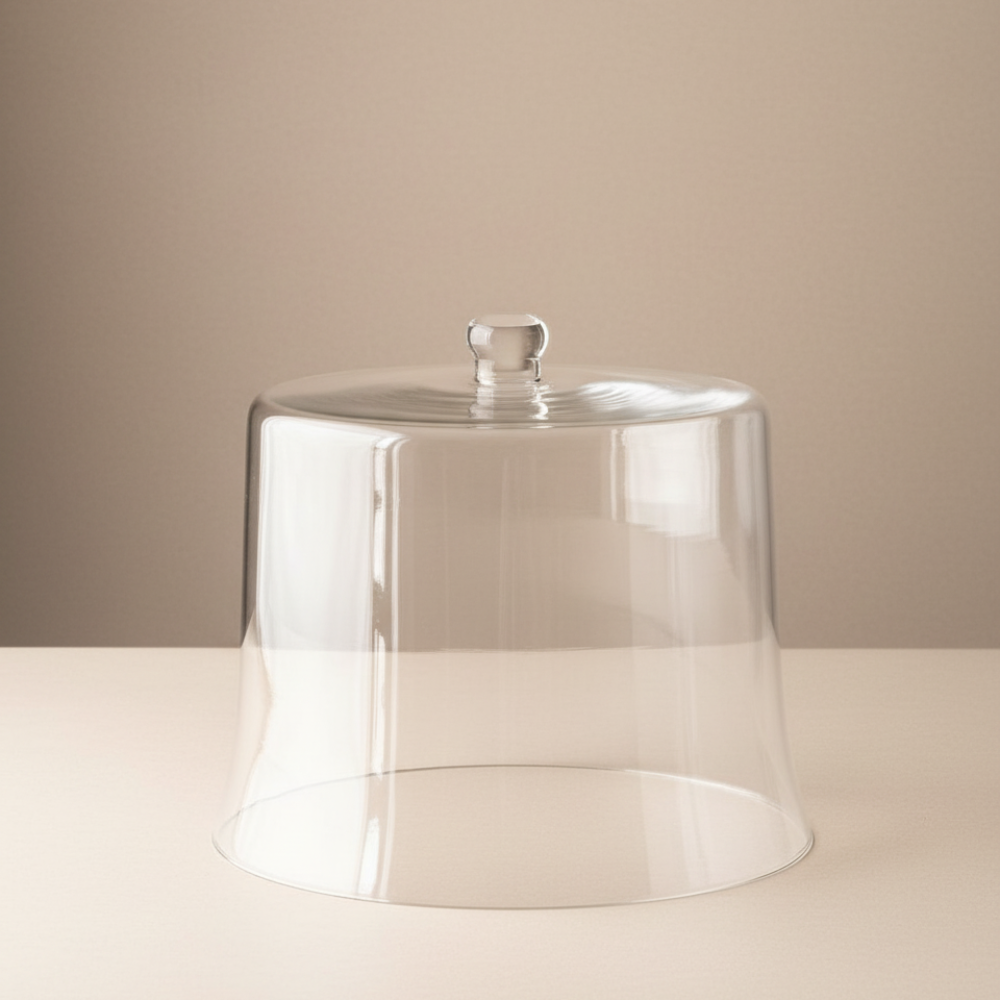 Clear glass dome cloche on a beige background
