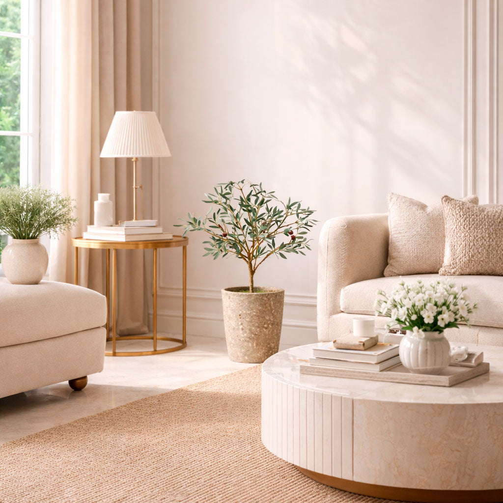 Modern living room with beige sofa, round coffee table, and decorative plants.