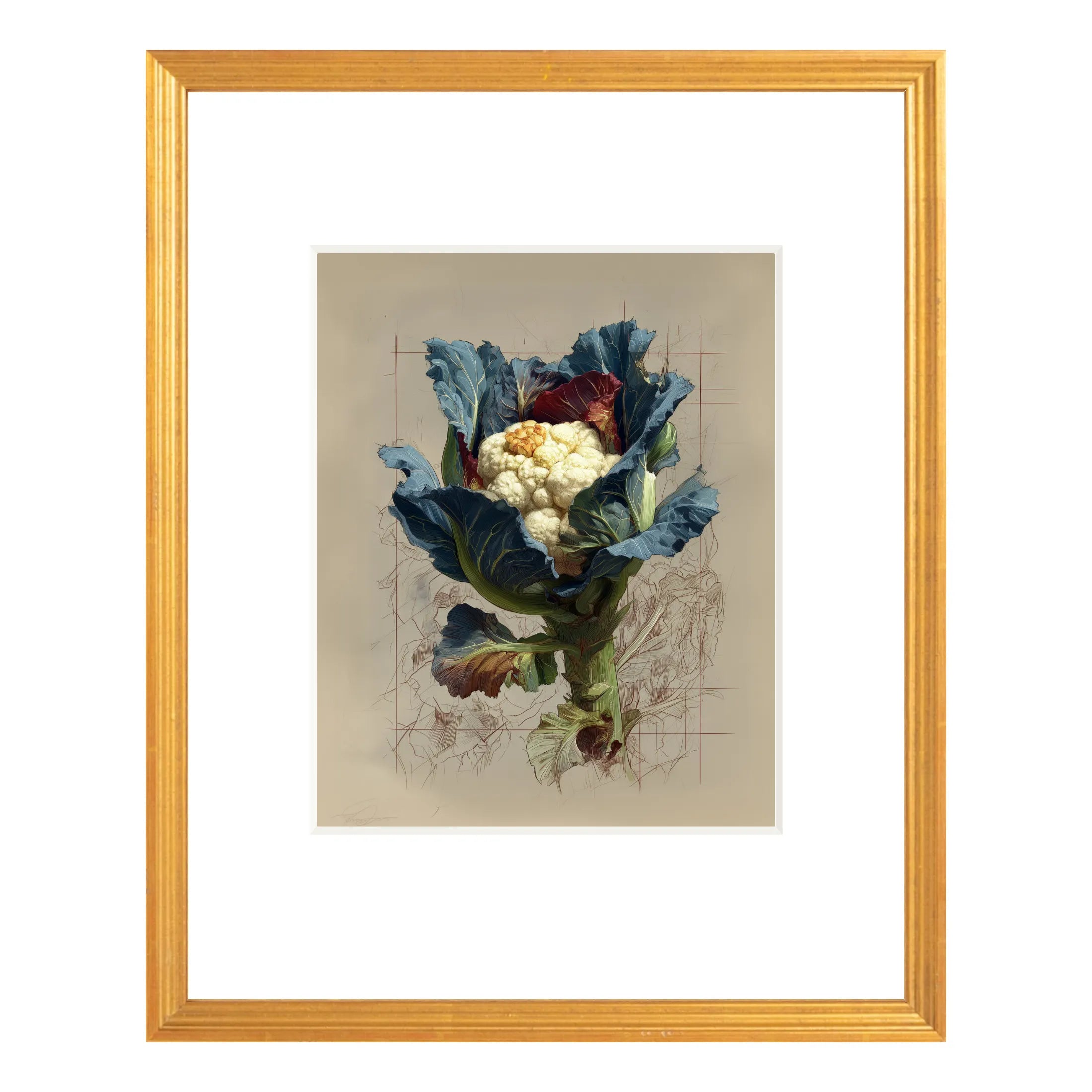 Framed cauliflower still life print wall art in antique gold frame, botanical kitchen decor with wide white matt 16 x 20