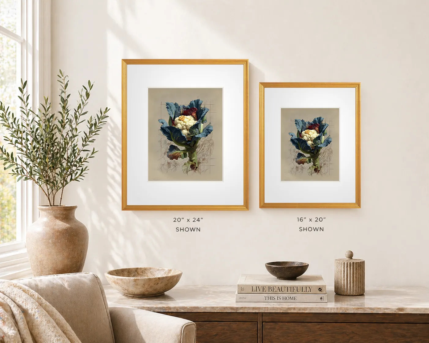 Framed Cauliflower still life wall art in antique gold frame, shown in 20x24 and 16x20 sizes side by side in a neutral, styled interior setting