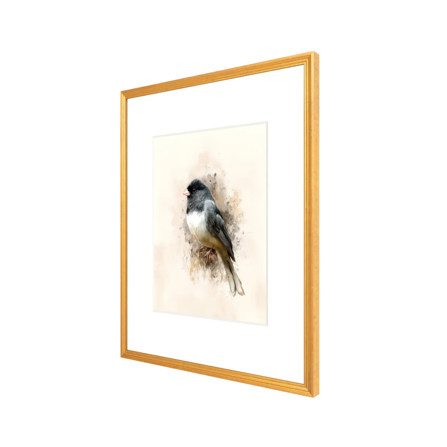 Framed dark-eyed junco bird wall art 20 x 24 (Junco hyemalis) in antique gold frame, angled view with white mat on cotton rag paper