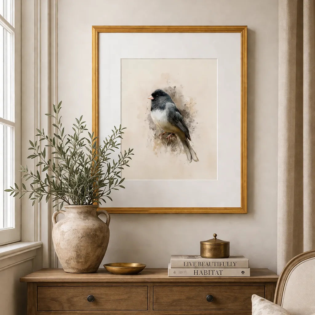 Framed dark-eyed junco bird wall art 20 x 24 (Junco hyemalis) in antique gold frame, with white mat on cotton rag paper, on a wall above a wooden console table with decorative items.