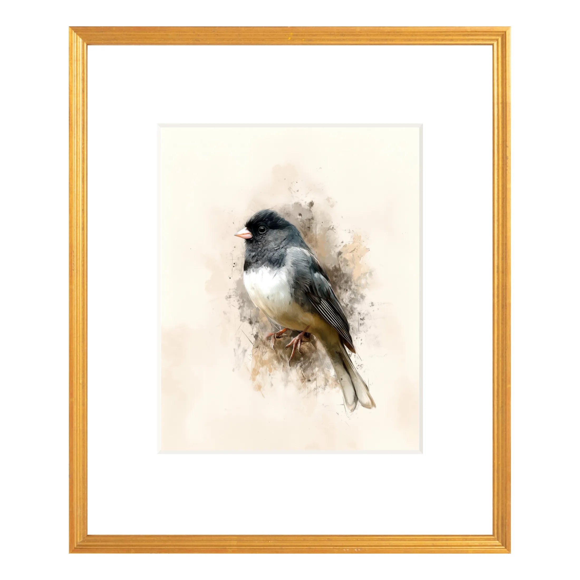 Dark-eyed junco (Junco hyemalis) wall art in 20 × 24 antique gold frame, matted cotton rag print, refined neutral décor