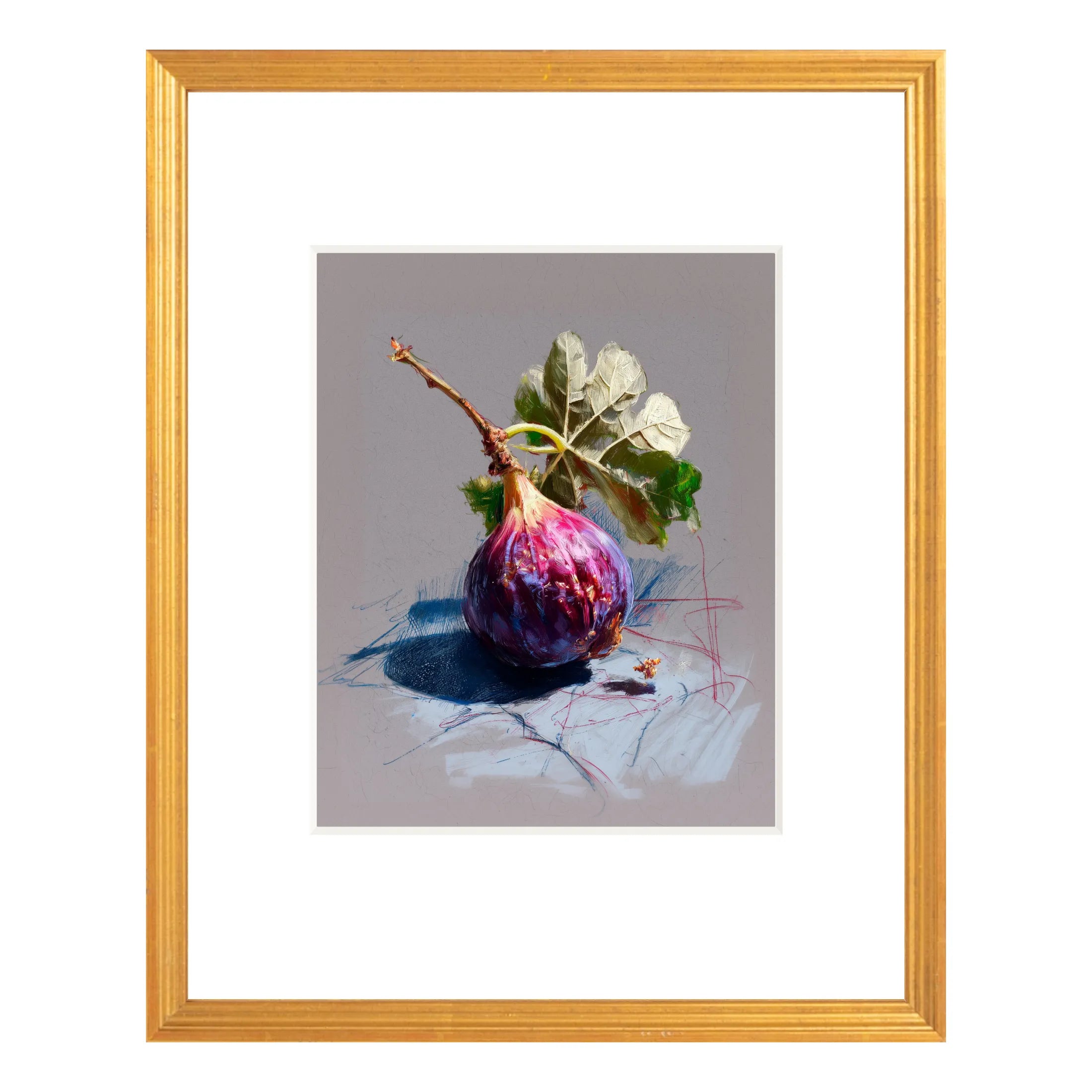 Framed fig still life art print in antique gold frame, 16 × 20 with white mat, featuring a whole fig on a soft neutral background