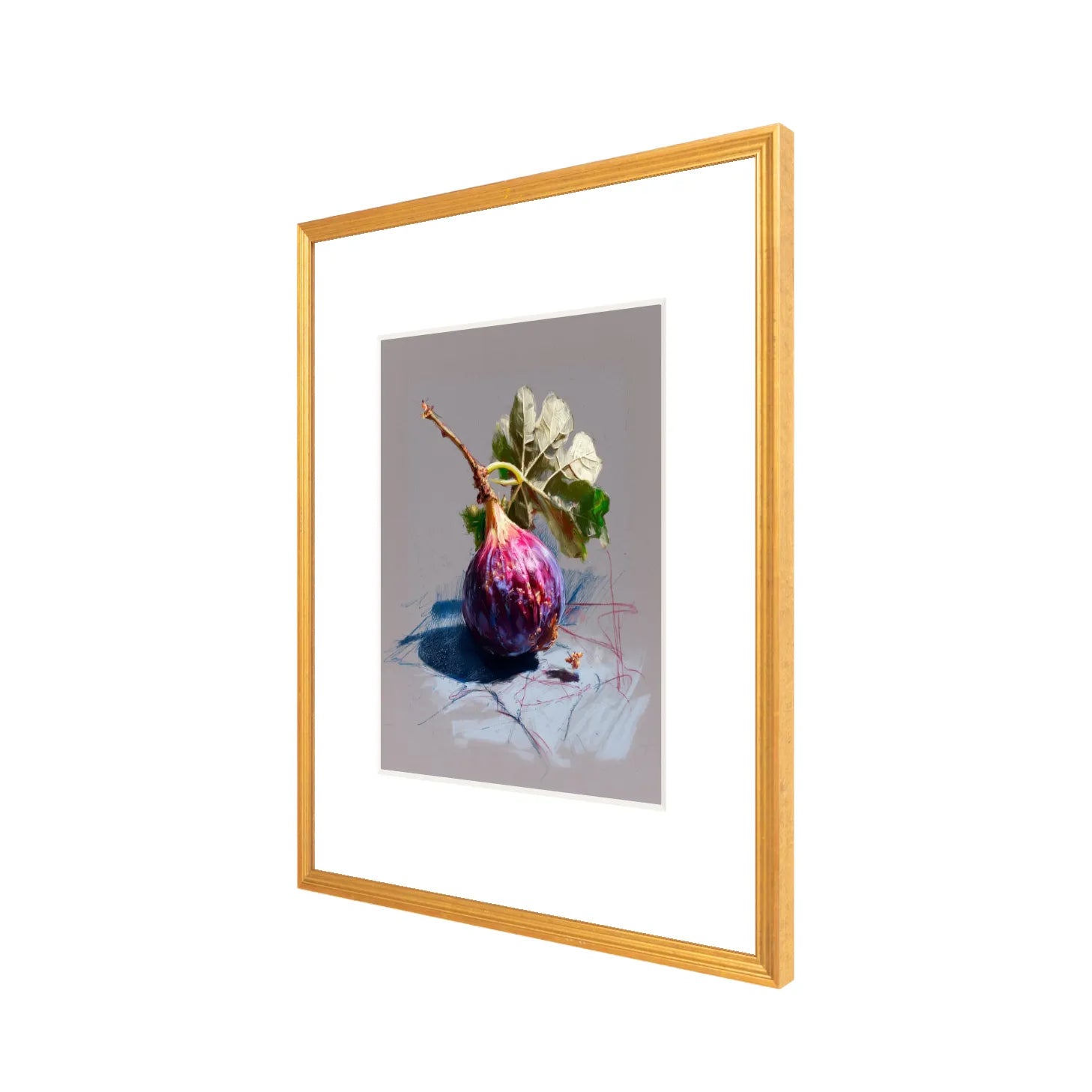Angled view of framed fig still life art print in antique gold frame with wide white mat, 20 × 24 proportions