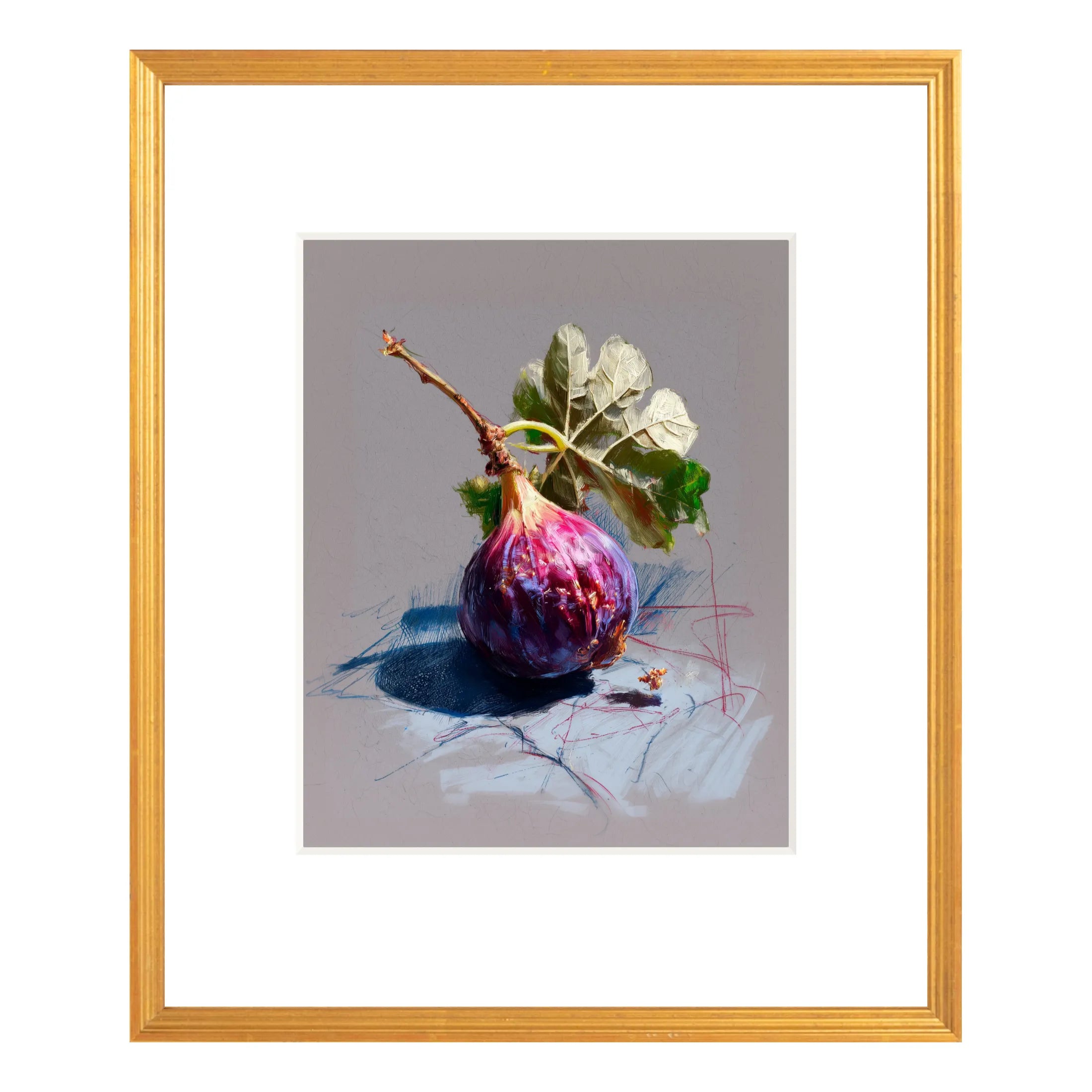 Framed fig still life art print in antique gold frame, 20 × 24 with white mat, featuring a whole fig on a soft neutral background