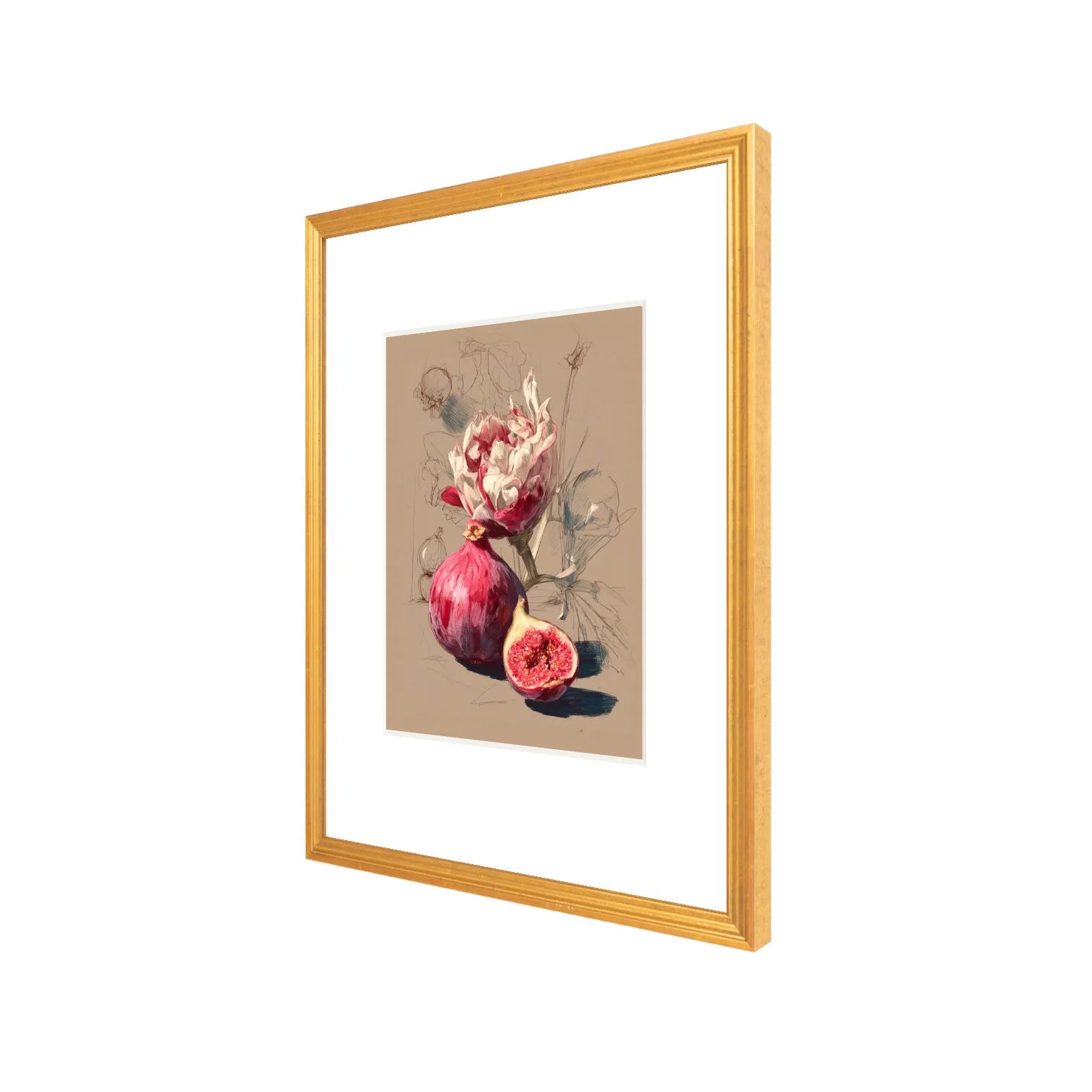 Framed fig still life art print with cut fig detail in antique gold frame, angled view showing 16 × 20 gallery-style matting