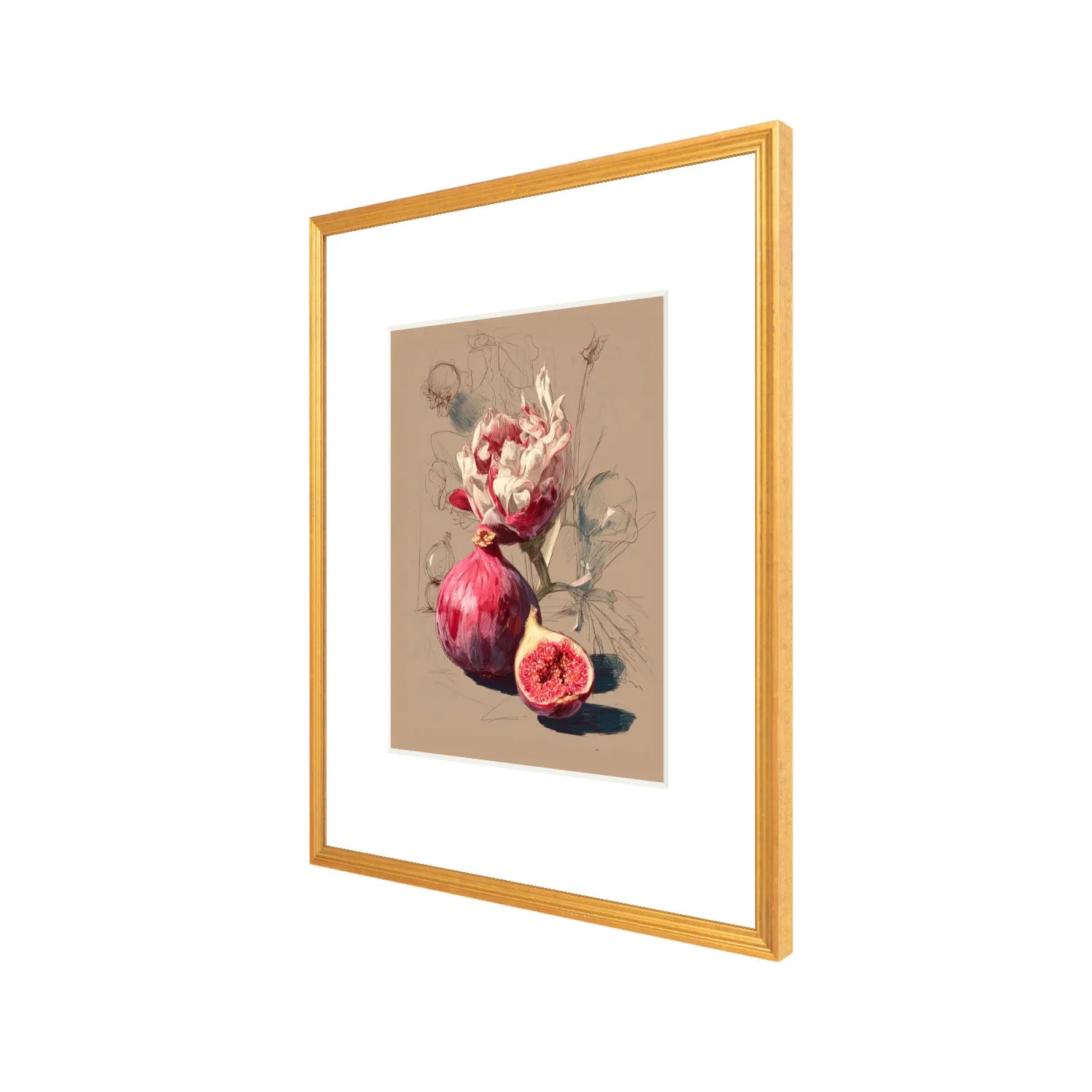 Framed fig still life art print with cut fig detail in antique gold frame, angled view showing 20 × 24
gallery-style matting