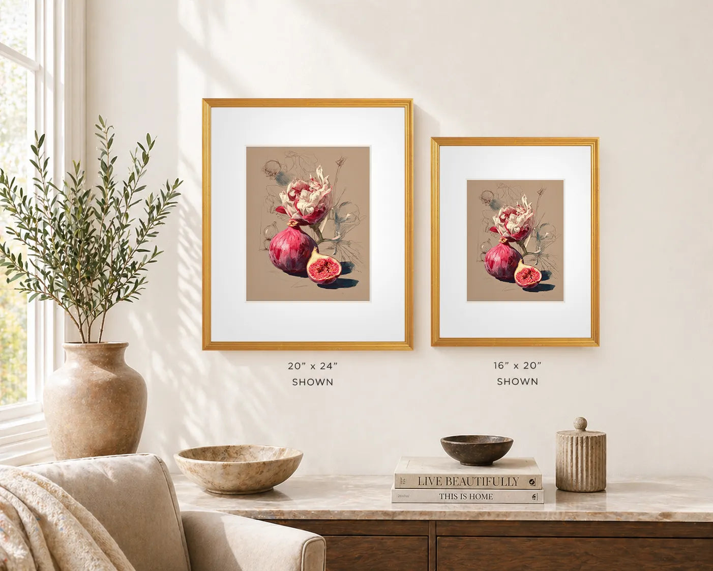 Framed fig still life wall art in antique gold frame, shown in 20x24 and 16x20 sizes side by side in a neutral, styled interior setting