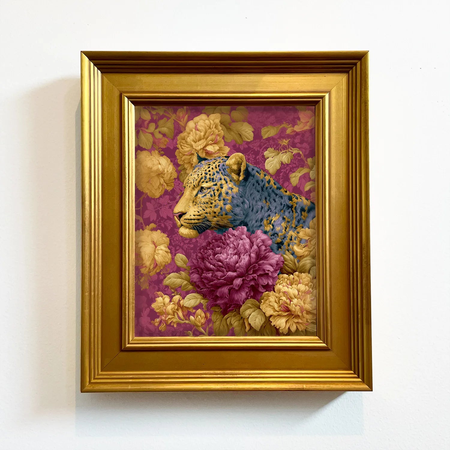 Leopard in Plum Peonies | Framed Leopard Wall Art