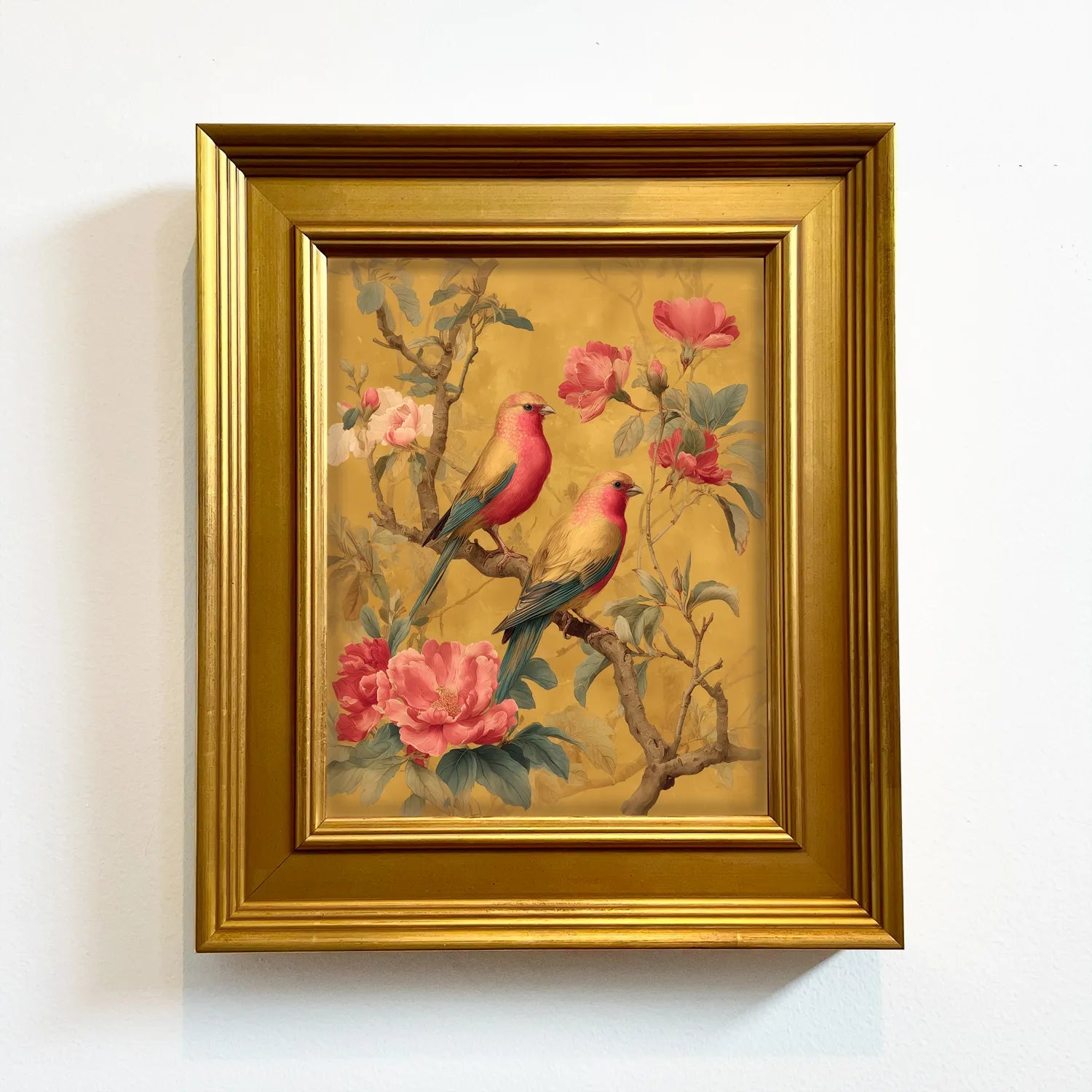 Rose Finches in Golden Peonies | Framed Bird Wall Art
