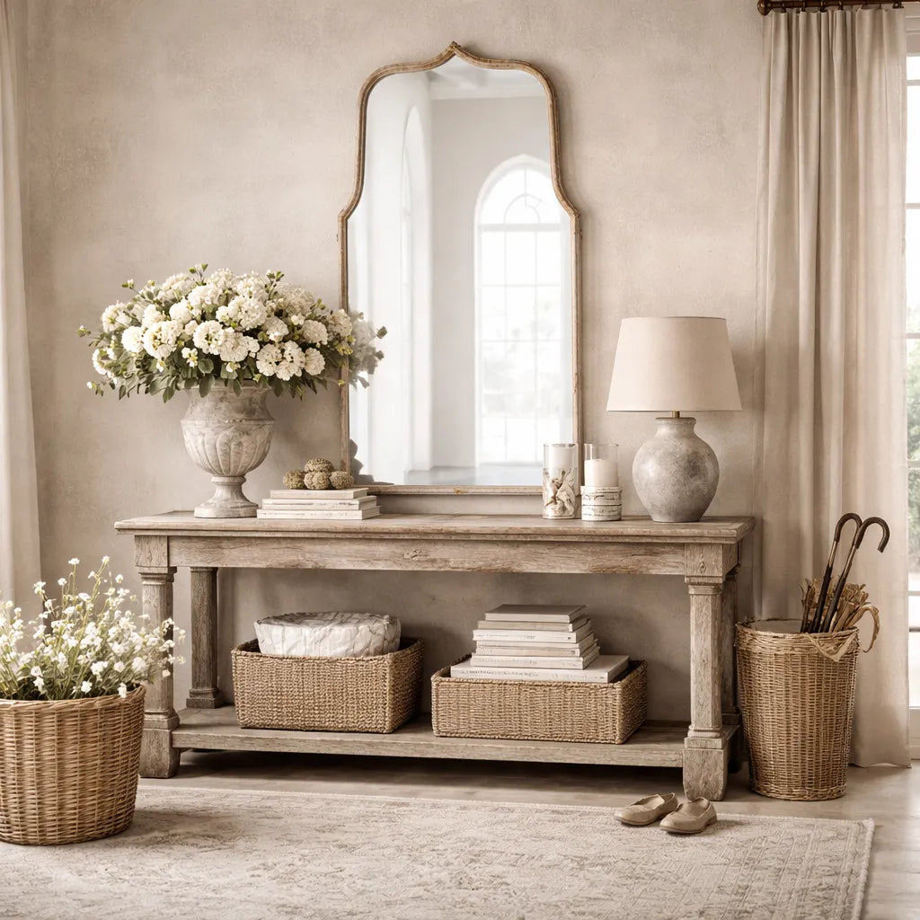 Nostalgic interior with wooden console table, mirror, and decorative items.