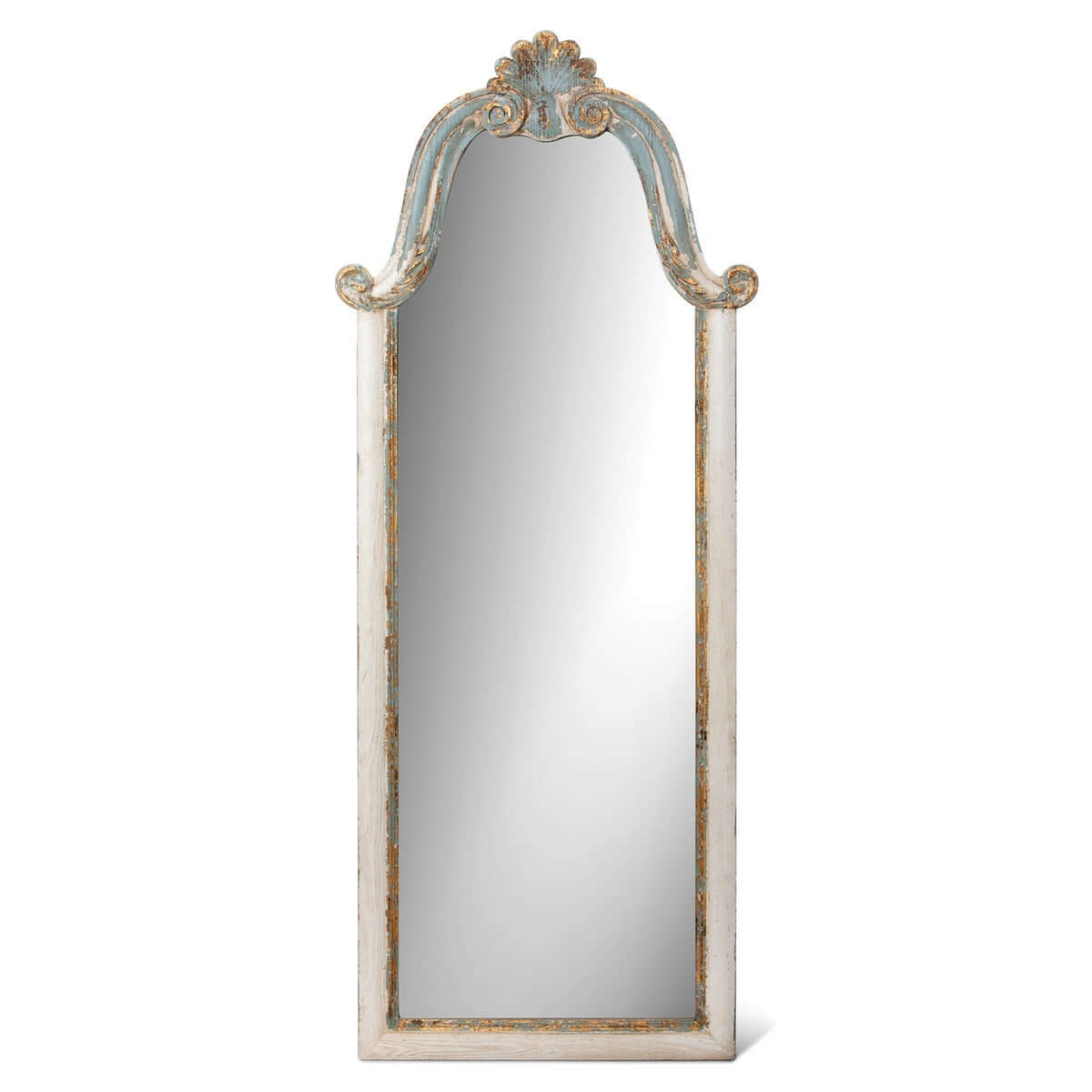 Decorative wall mirror with ornate frame on a white background
