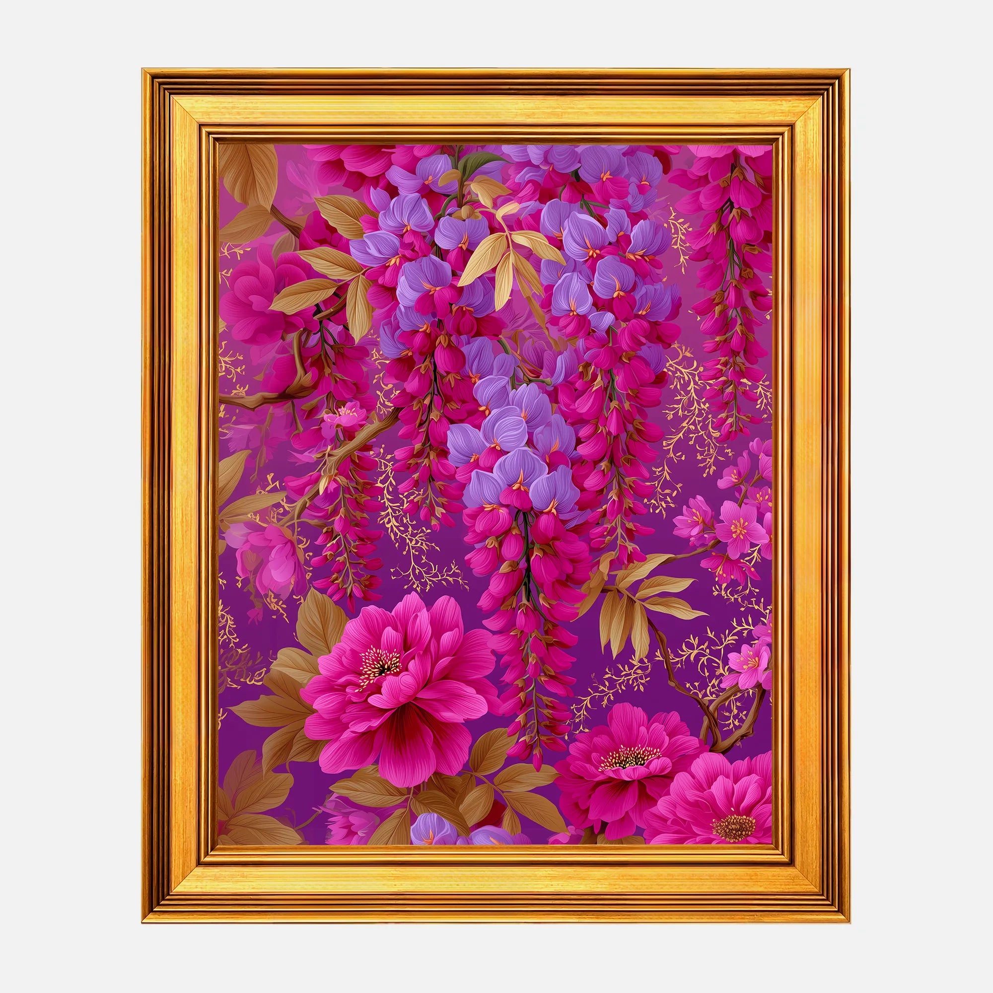 Fuchsia Wisteria Reverie framed wall art in a burnished antique gold frame, 16 x 20 inch print size with 19.5 x 23.5 inch framed dimensions.