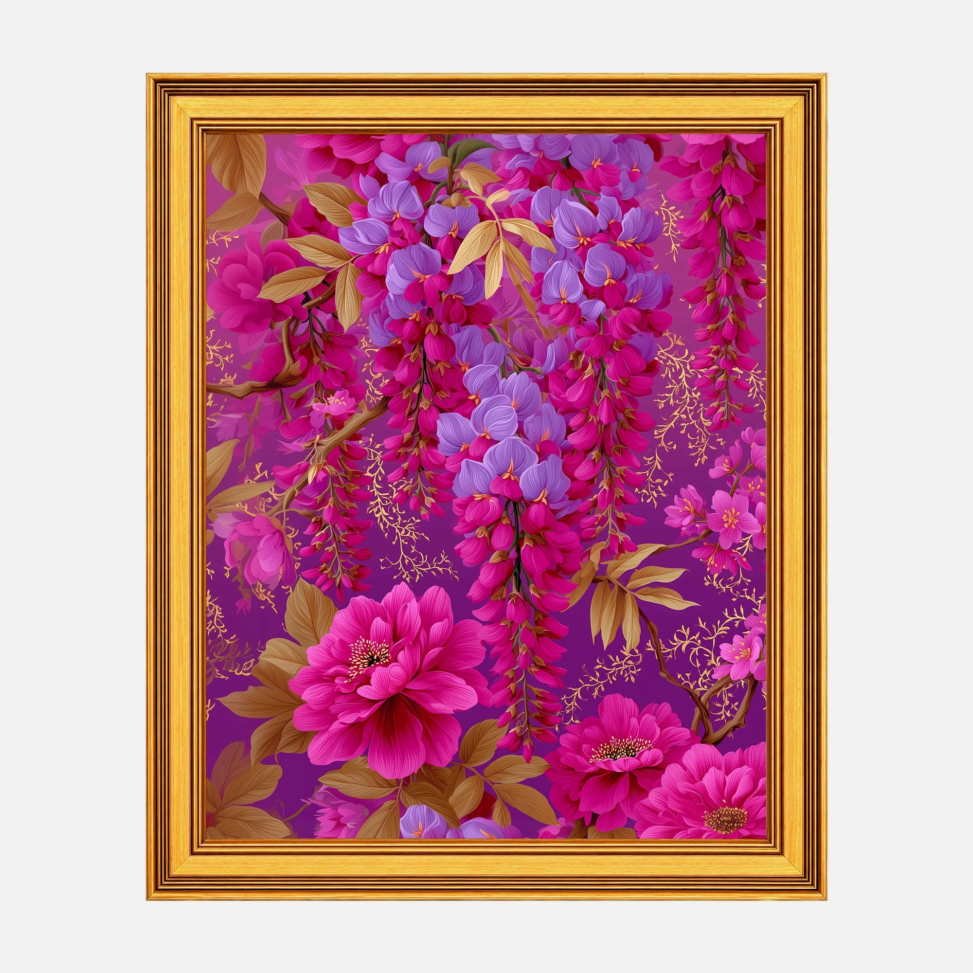 Fuchsia Wisteria Reverie framed fine art print in a burnished antique gold frame, 20 x 25 inch print size with 23.5 x 28.5 inch framed dimensions.