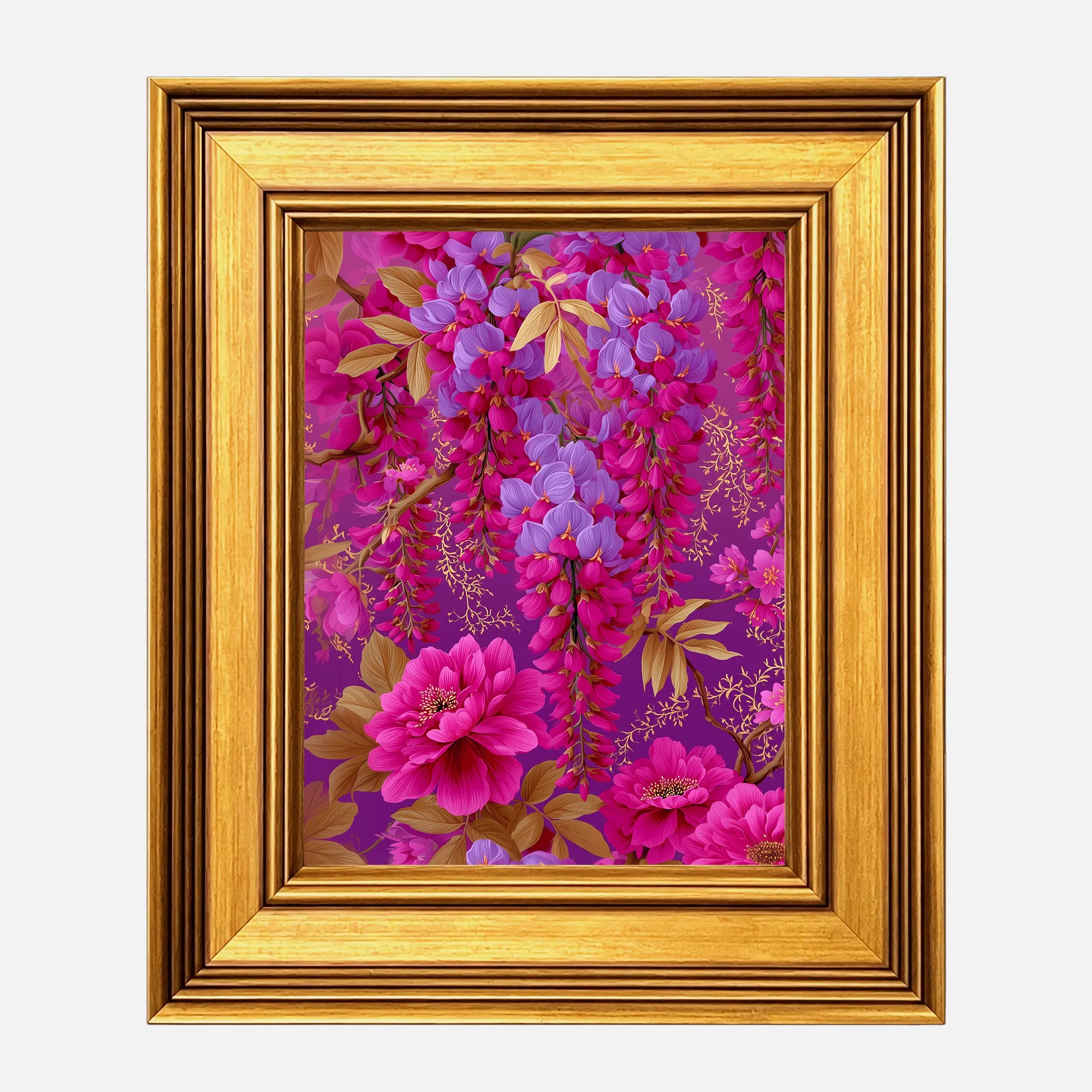 Fuchsia Wisteria Reverie framed wall art in a burnished antique gold frame, 8 x 10 inch print size with 11.5 x 13.5 inch framed dimensions.