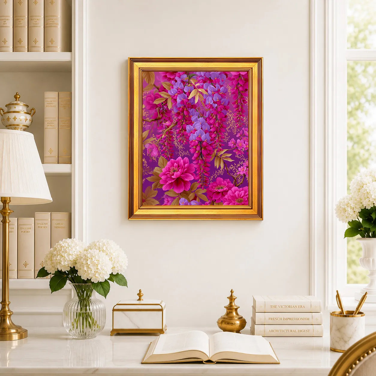 Fuchsia Wisteria Reverie framed wall art displayed above a traditional desk with peonies, books, brass decor, and a burnished antique gold frame.