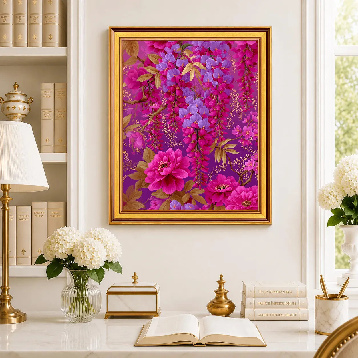 Large Fuchsia Wisteria Reverie framed wall art displayed in a traditional study with peonies, antique books, brass accents, and a burnished antique gold frame.