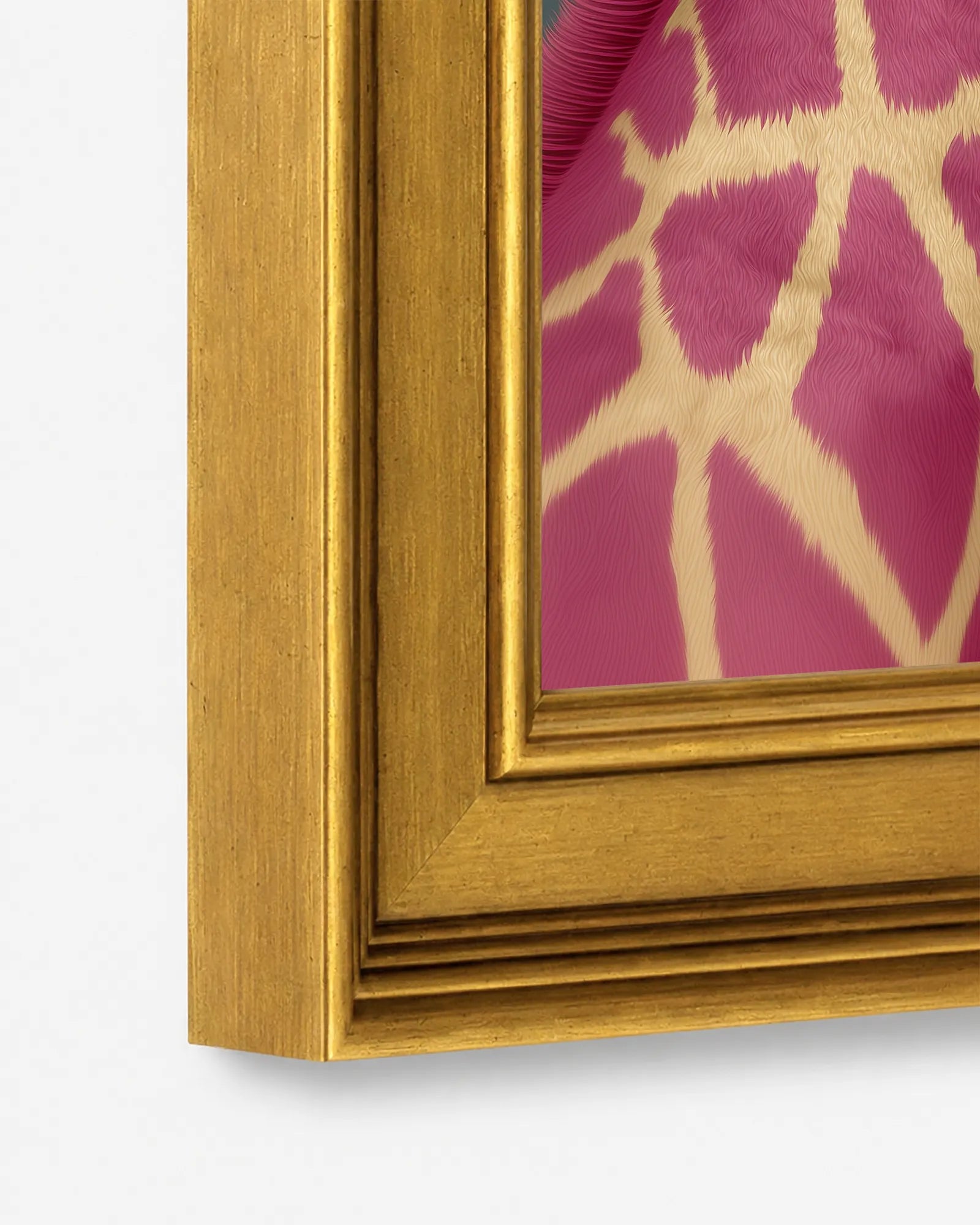 Close-up detail of the burnished antique gold wood frame used for Giraffe in Pink Peonies framed wall art, showing the profile, finish, and craftsmanship.